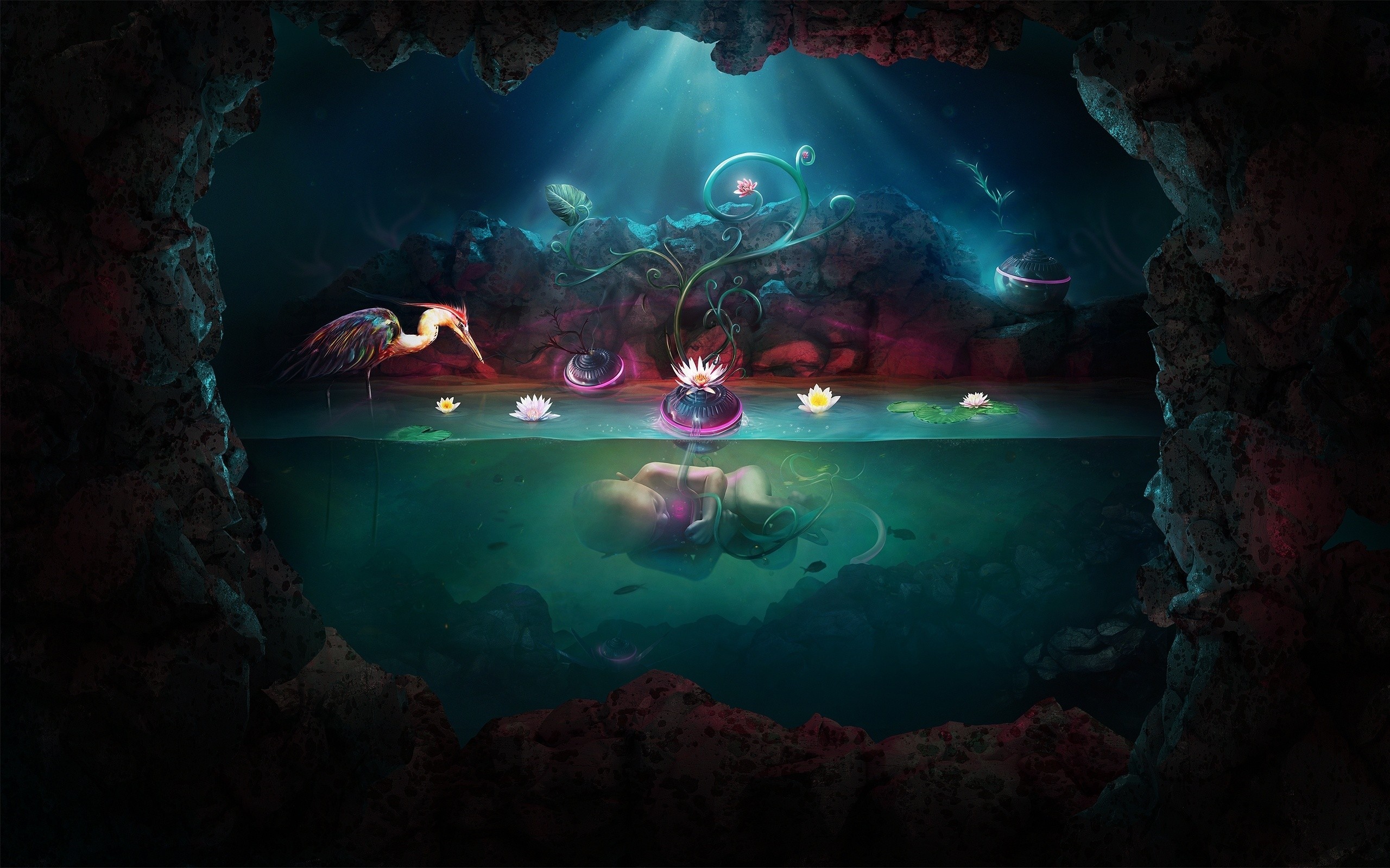 Fantasy art of a baby underwater with a heron HD Wallpaper
