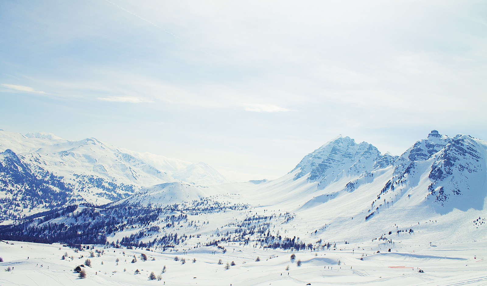 Snowy mountains and trees under a clear sky HD Wallpaper