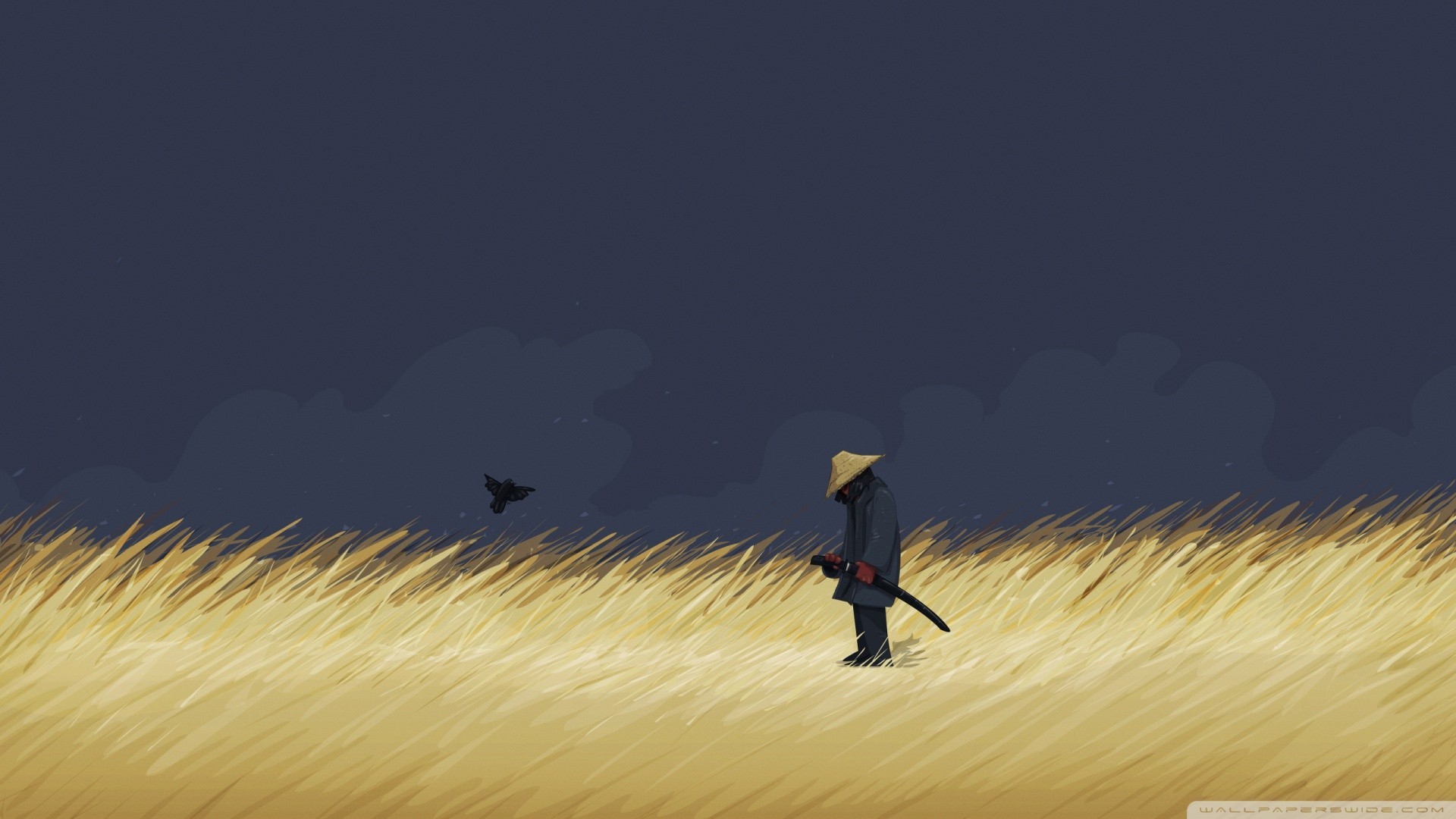 Samurai standing in a field with a crow HD Wallpaper