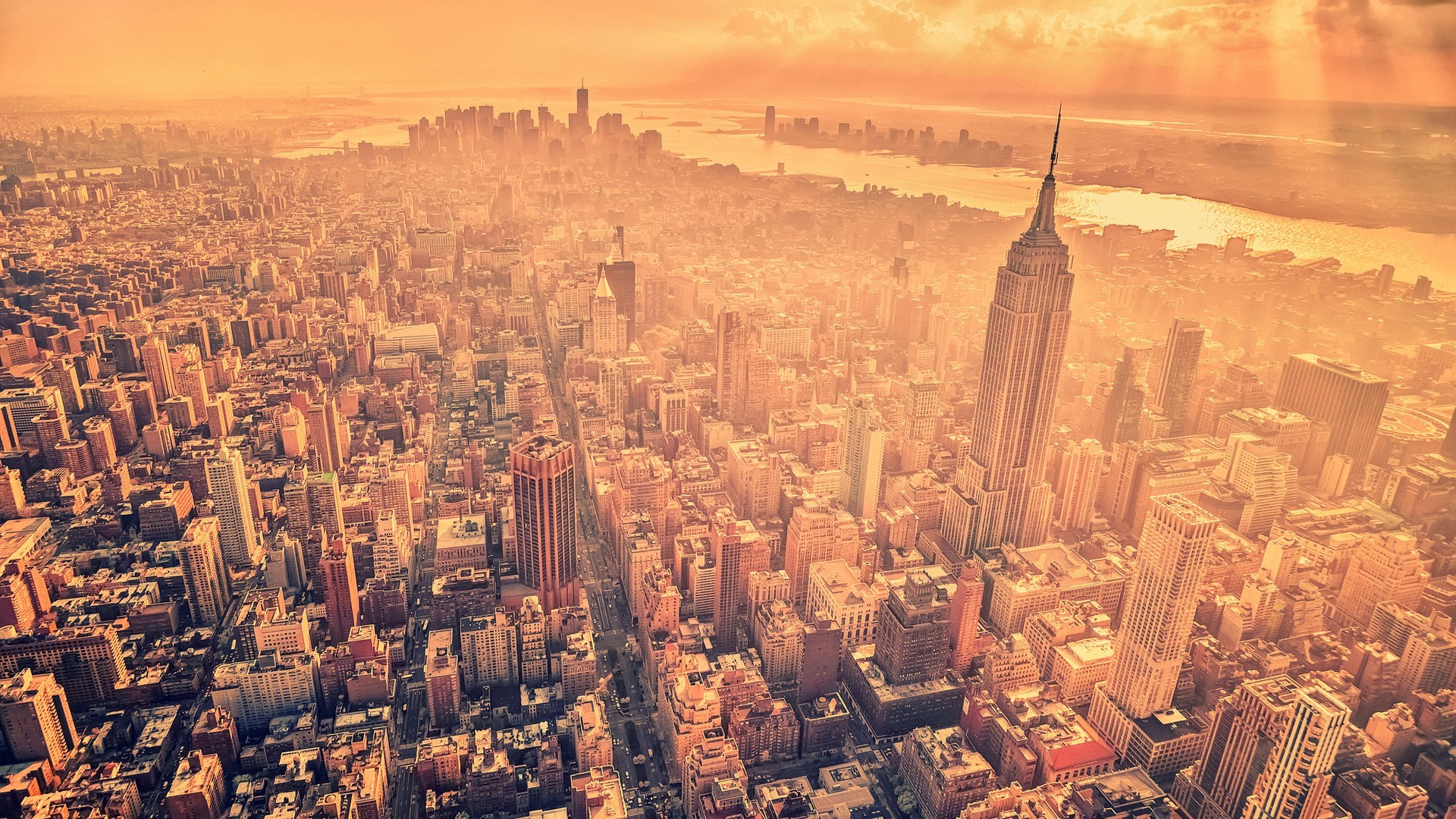 Aerial view of New York City skyline at sunset HD Wallpaper