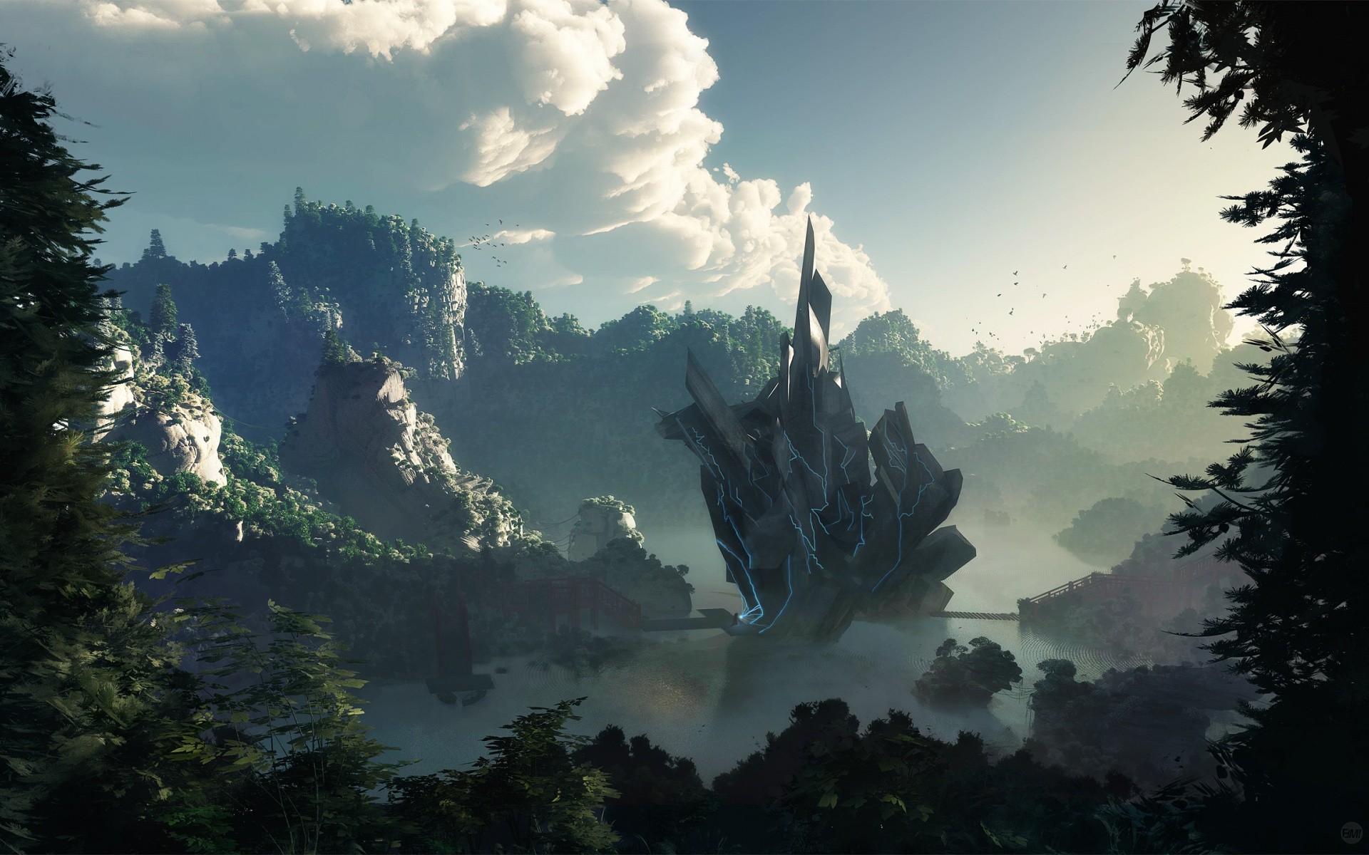Fantasy landscape with futuristic crystal structure HD Wallpaper