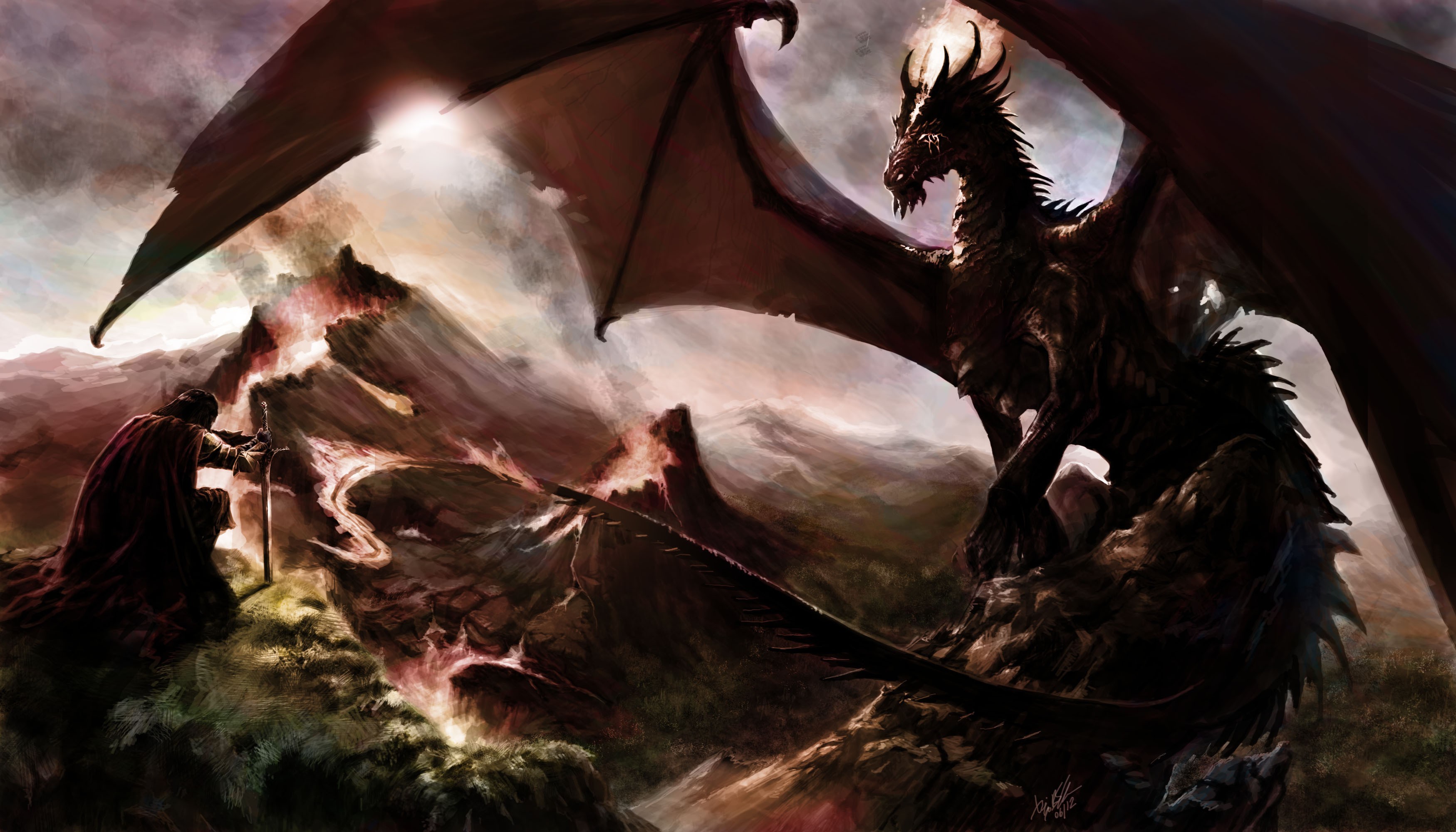 Dragon and knight in a mountainous landscape HD Wallpaper