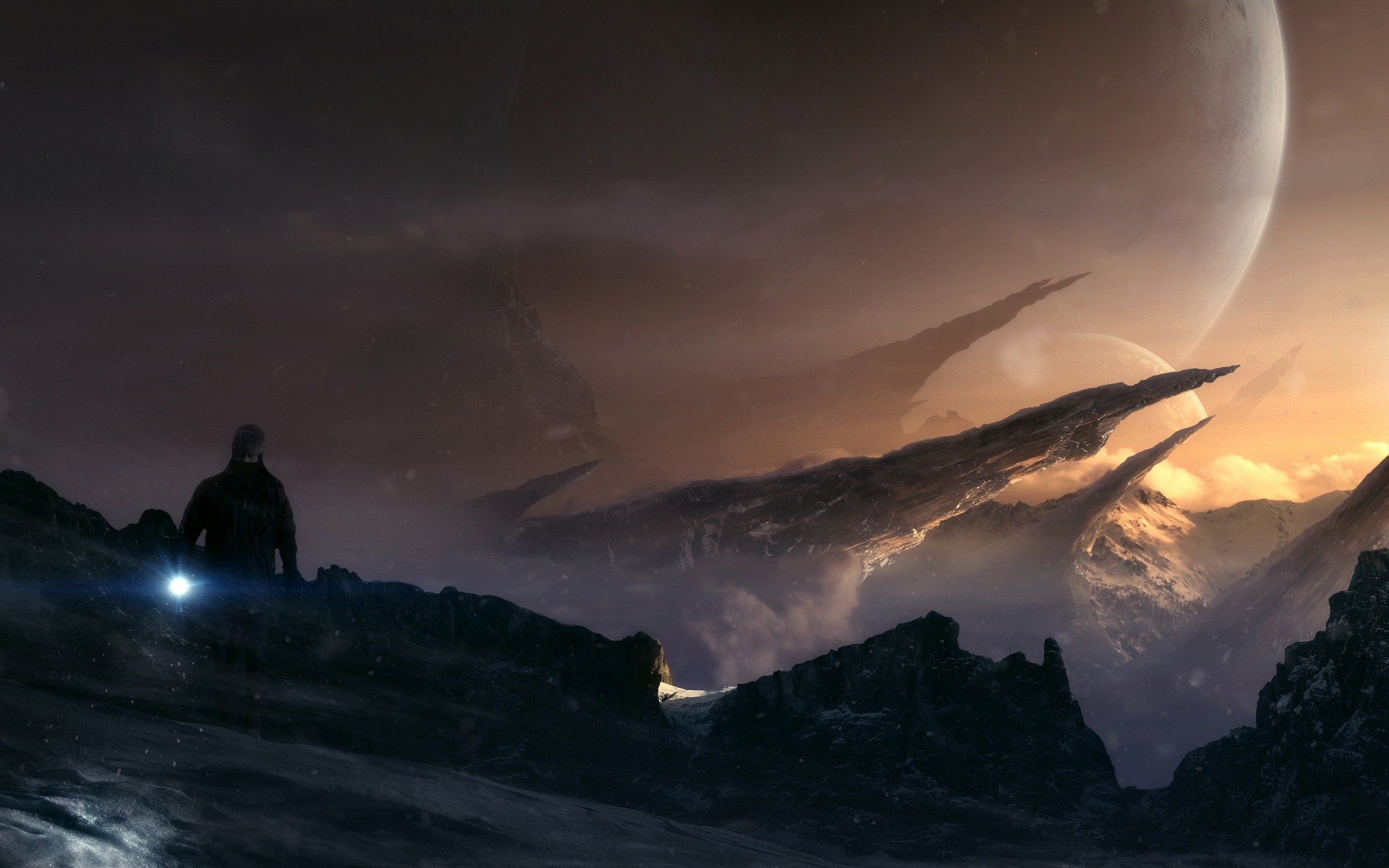 Man with flashlight on alien planet with moons HD Wallpaper
