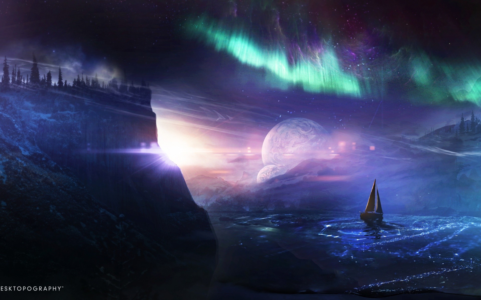 Fantasy digital art of a sailboat under the aurora borealis HD Wallpaper