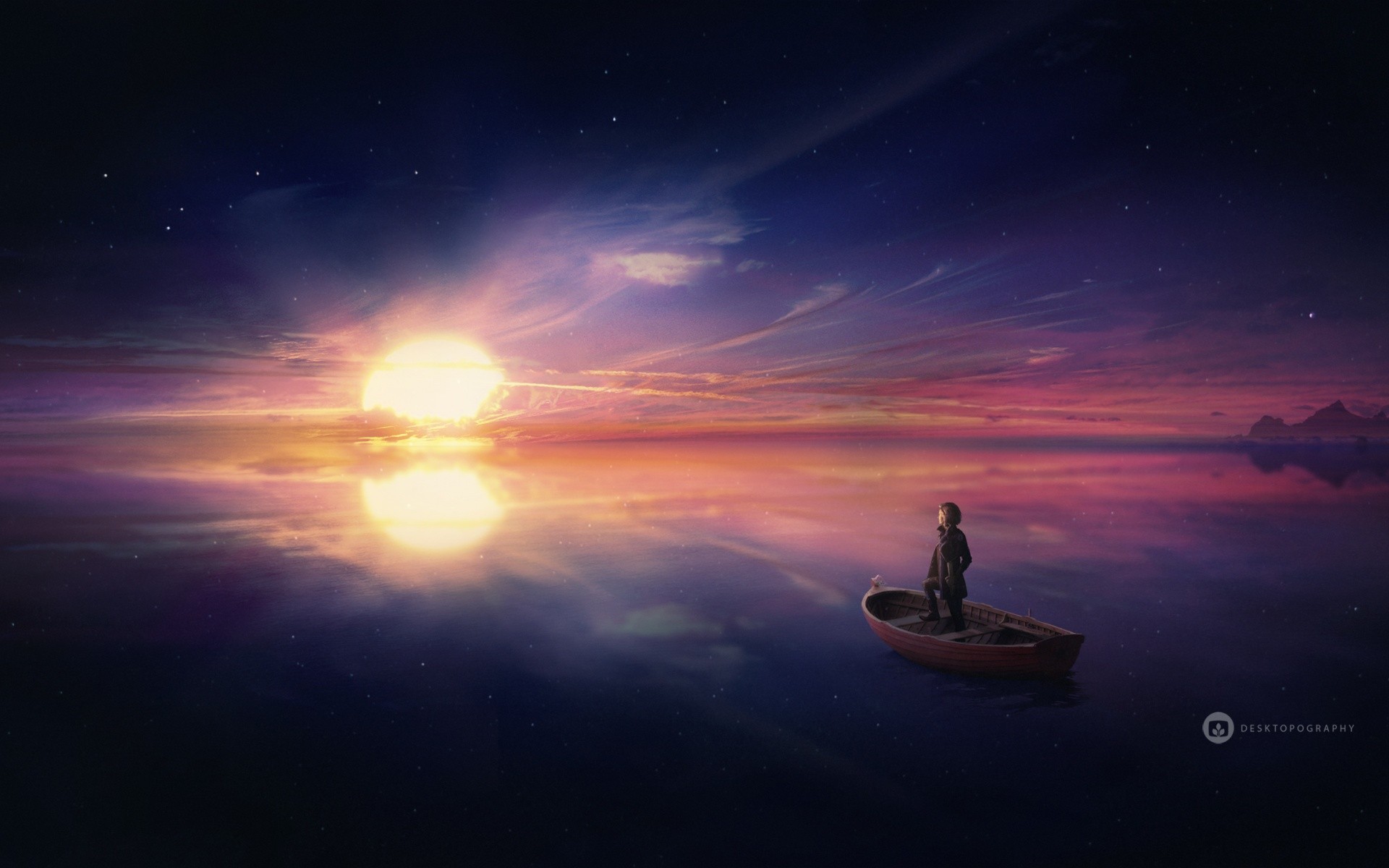 Fantasy artwork of a person in a boat at sunset HD Wallpaper
