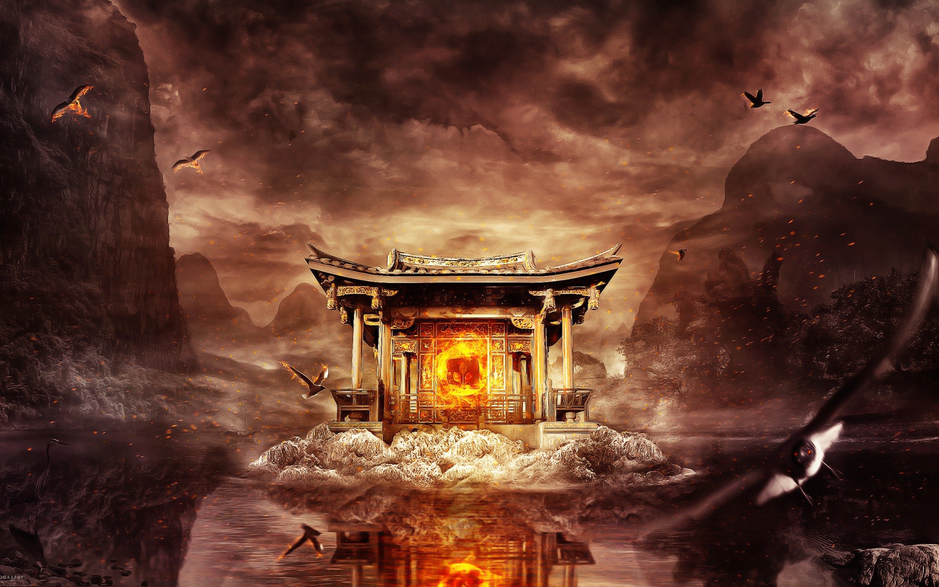 Fantasy art of a temple with a fiery portal HD Wallpaper