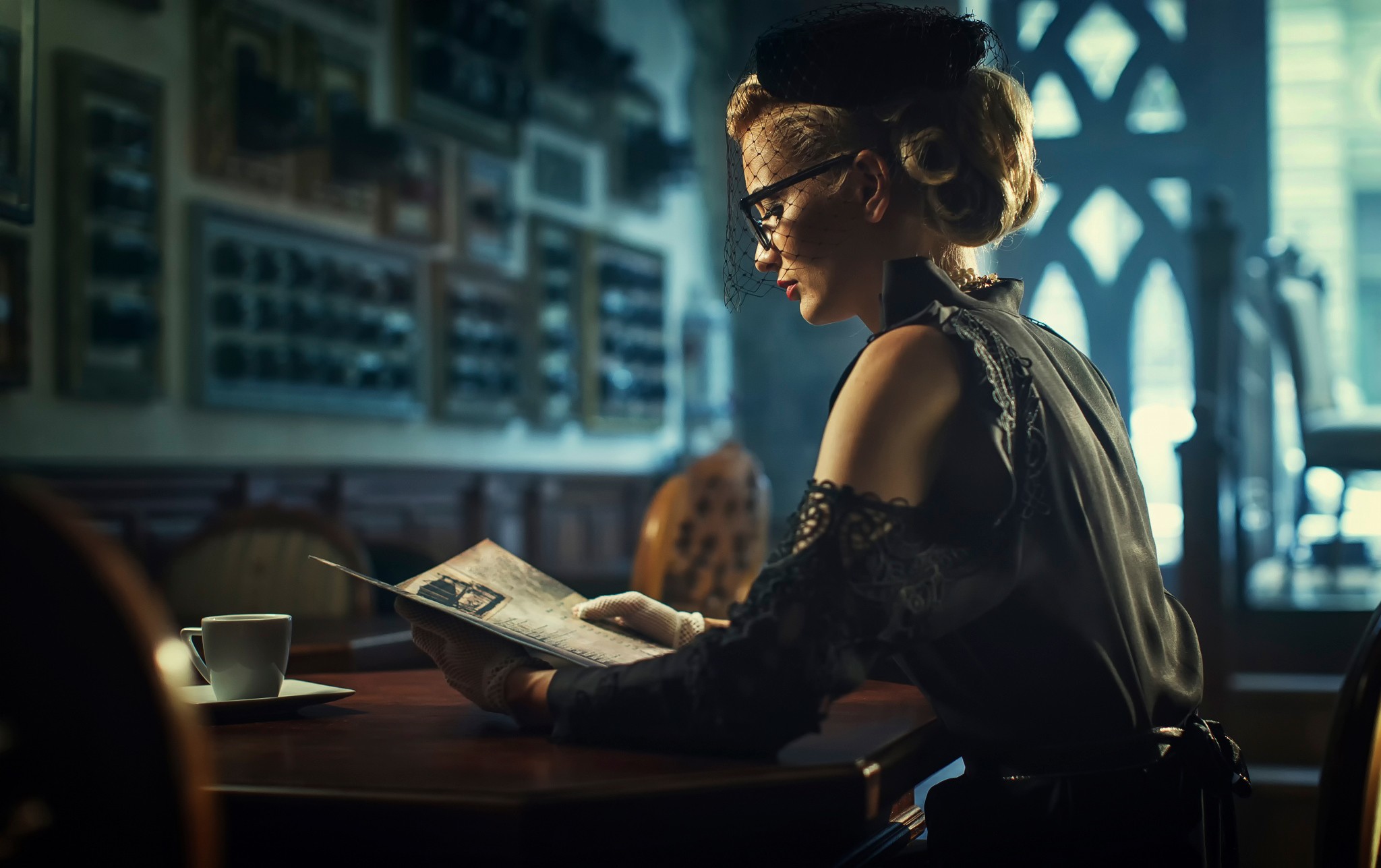 Woman in vintage attire reading a document HD Wallpaper