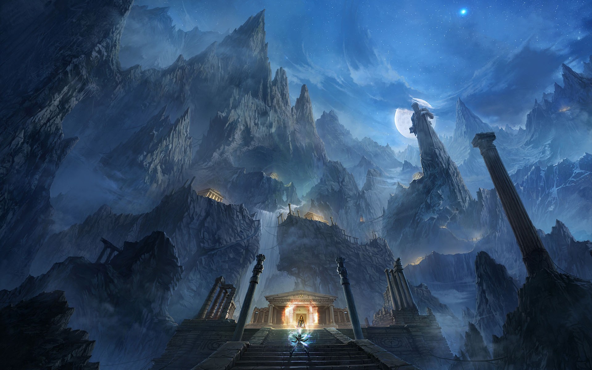 Fantasy artwork of a mystical mountain landscape at night HD Wallpaper