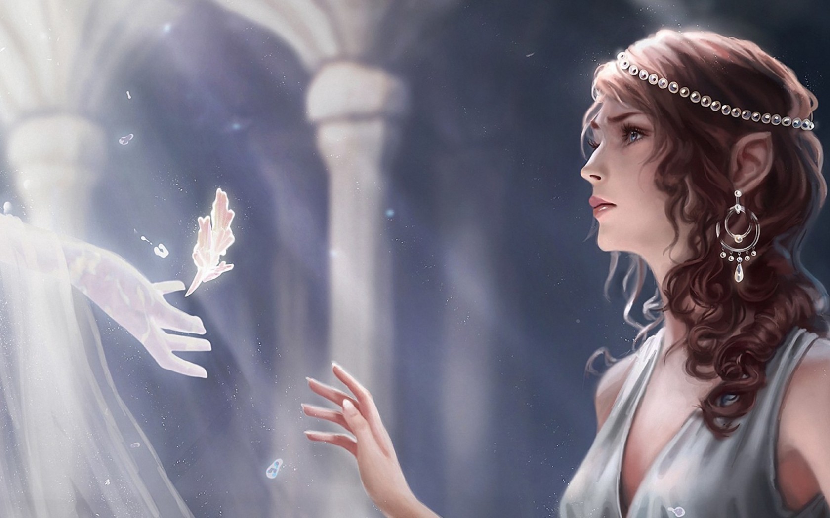 Fantasy artwork of an elf receiving a feather HD Wallpaper
