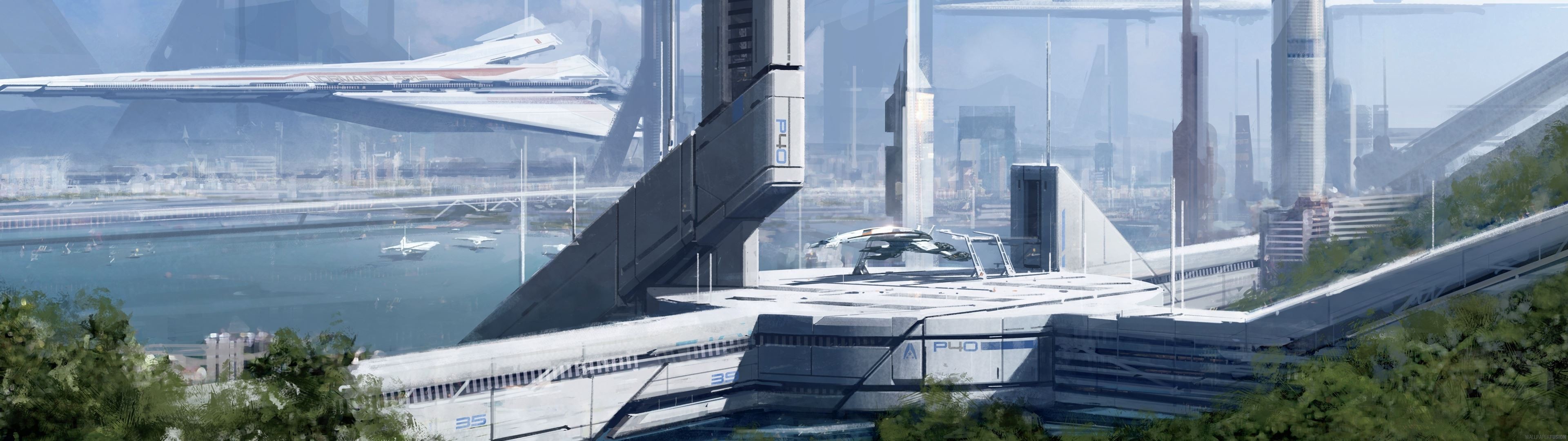 Mass Effect futuristic city with spacecraft HD Wallpaper