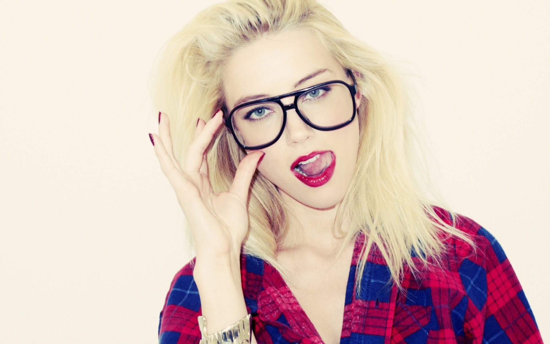 makeup looking at viewer simple background Amber Heard Terry Richardson face brunette tongues white background glasses model blonde women actress painted nails women with glasses shirt HD Wallpaper