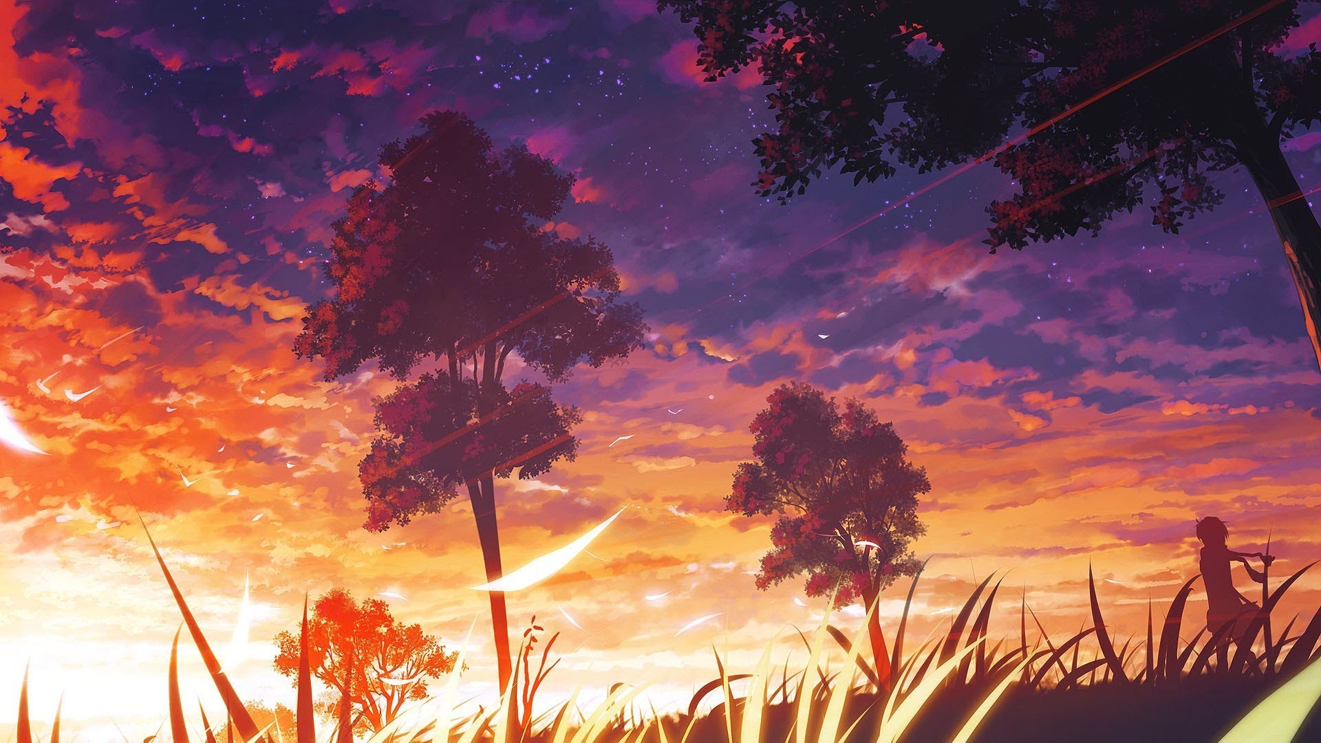 anime purple landscape trees orange HD Wallpaper