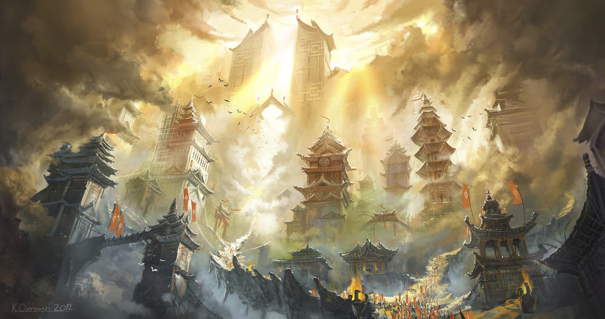 Asian architecture bathed in sun rays HD Wallpaper