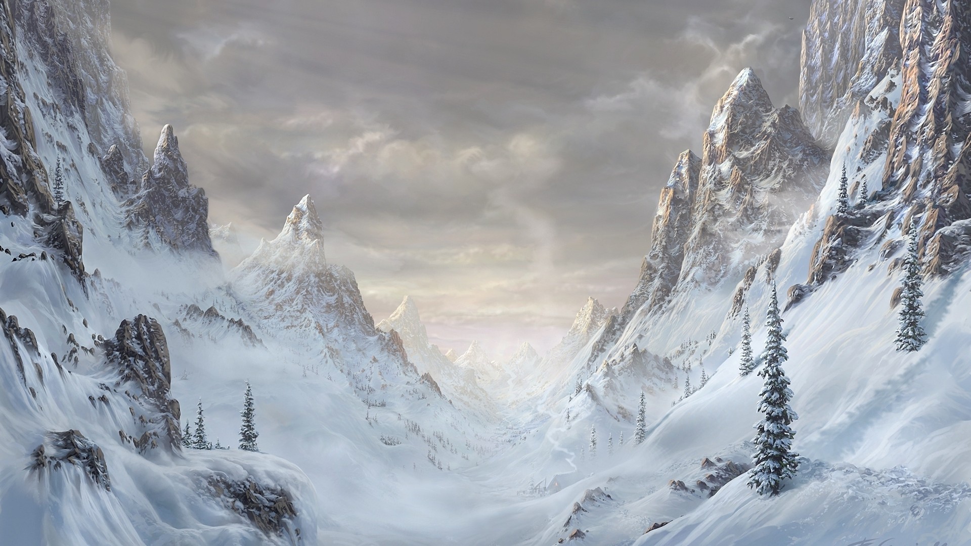 Snowy mountain valley with sharp peaks and cloudy sky HD Wallpaper