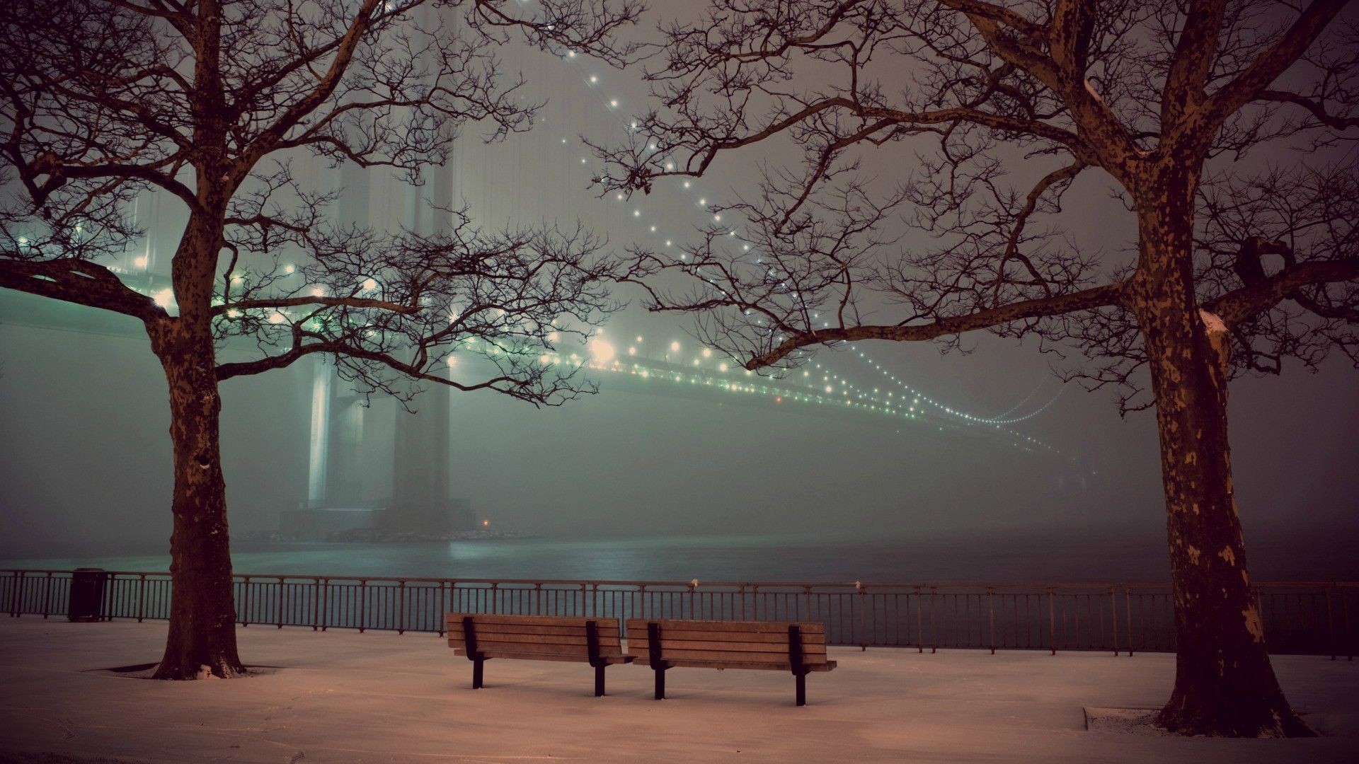 New York City bridge in fog with trees and benches HD Wallpaper