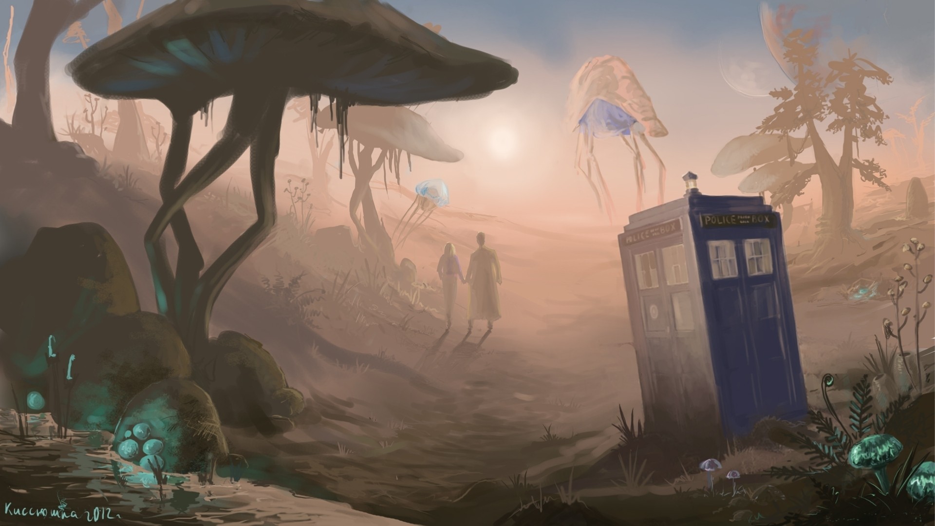Doctor Who TARDIS in an alien landscape HD Wallpaper