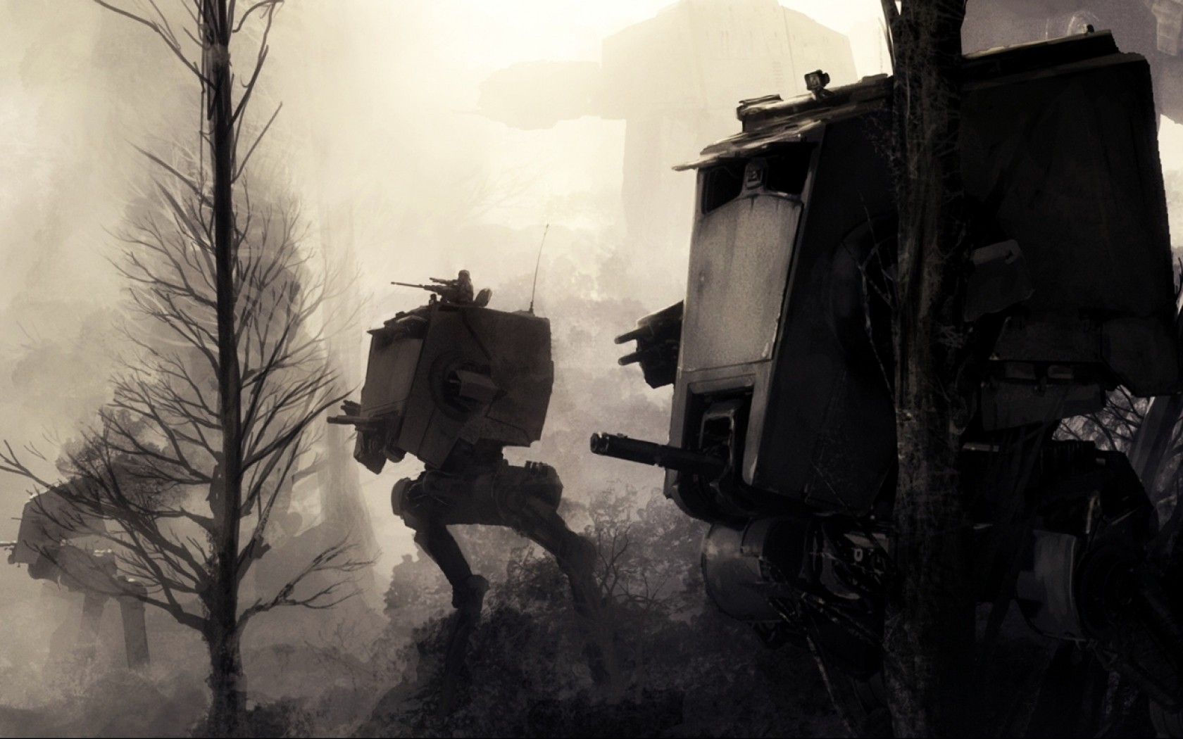 Star Wars AT-ST walkers in a misty forest HD Wallpaper
