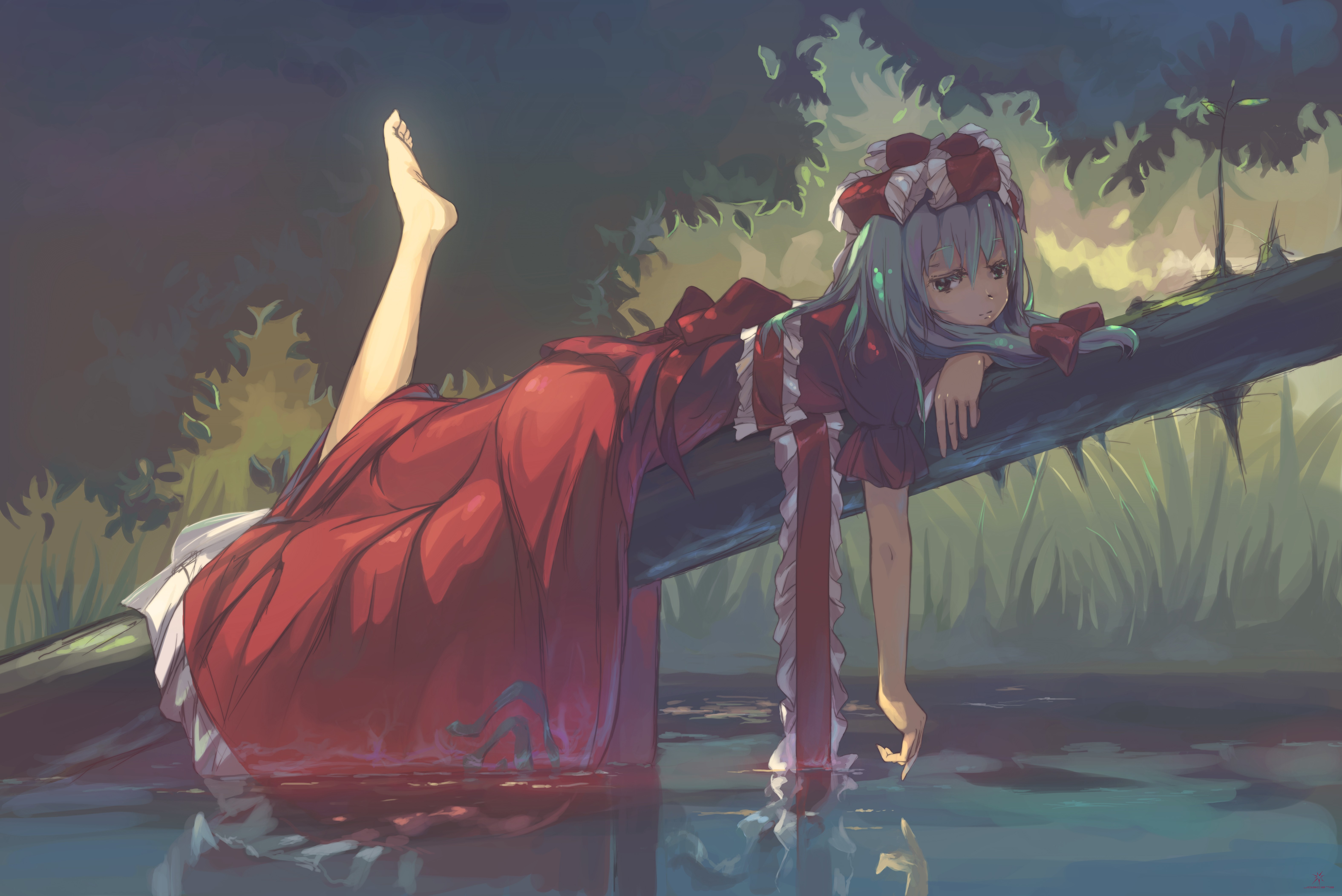 Kagiyama Hina from Touhou lying on a log HD Wallpaper