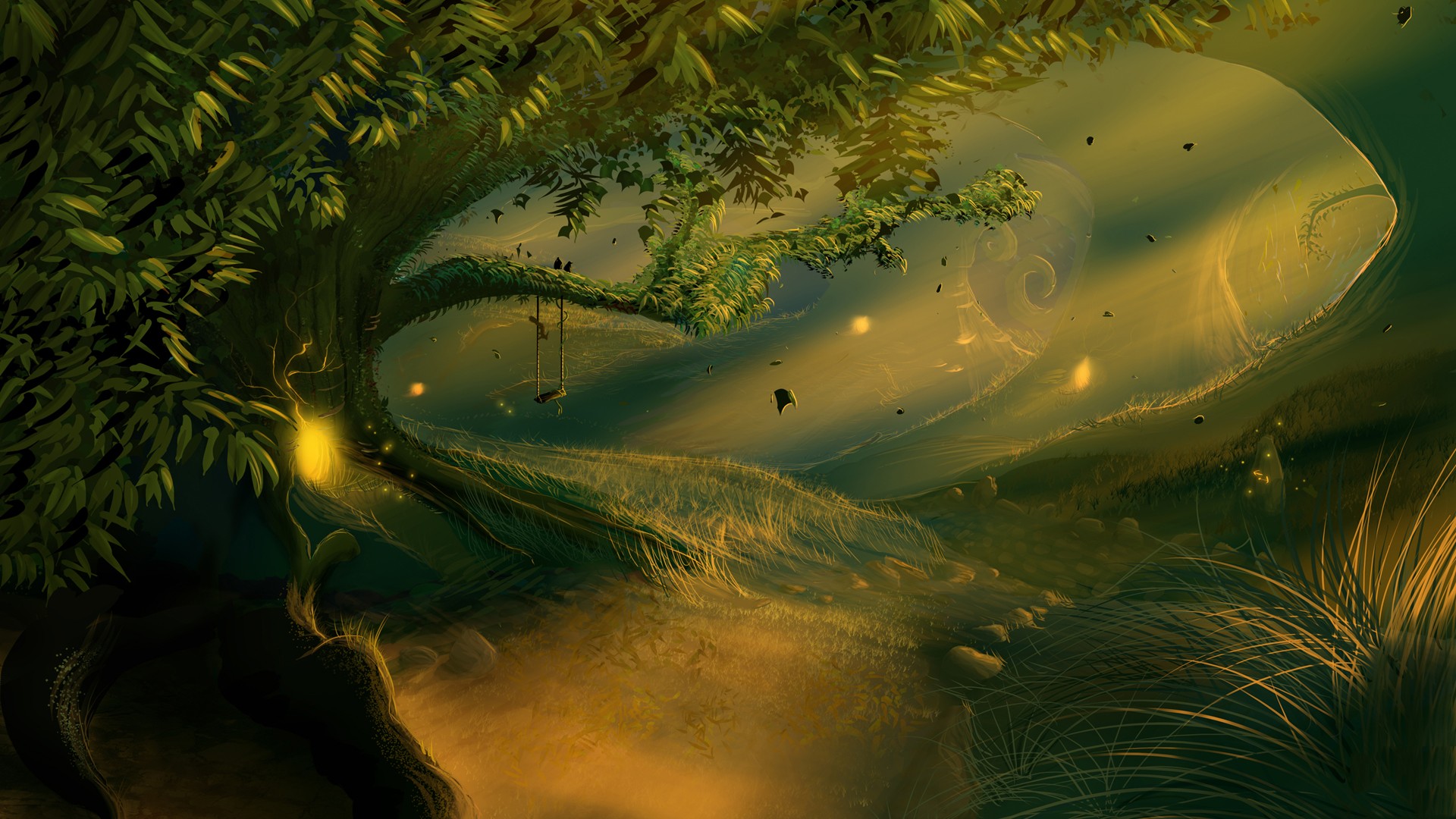 Fantasy forest with sunlight and swings HD Wallpaper