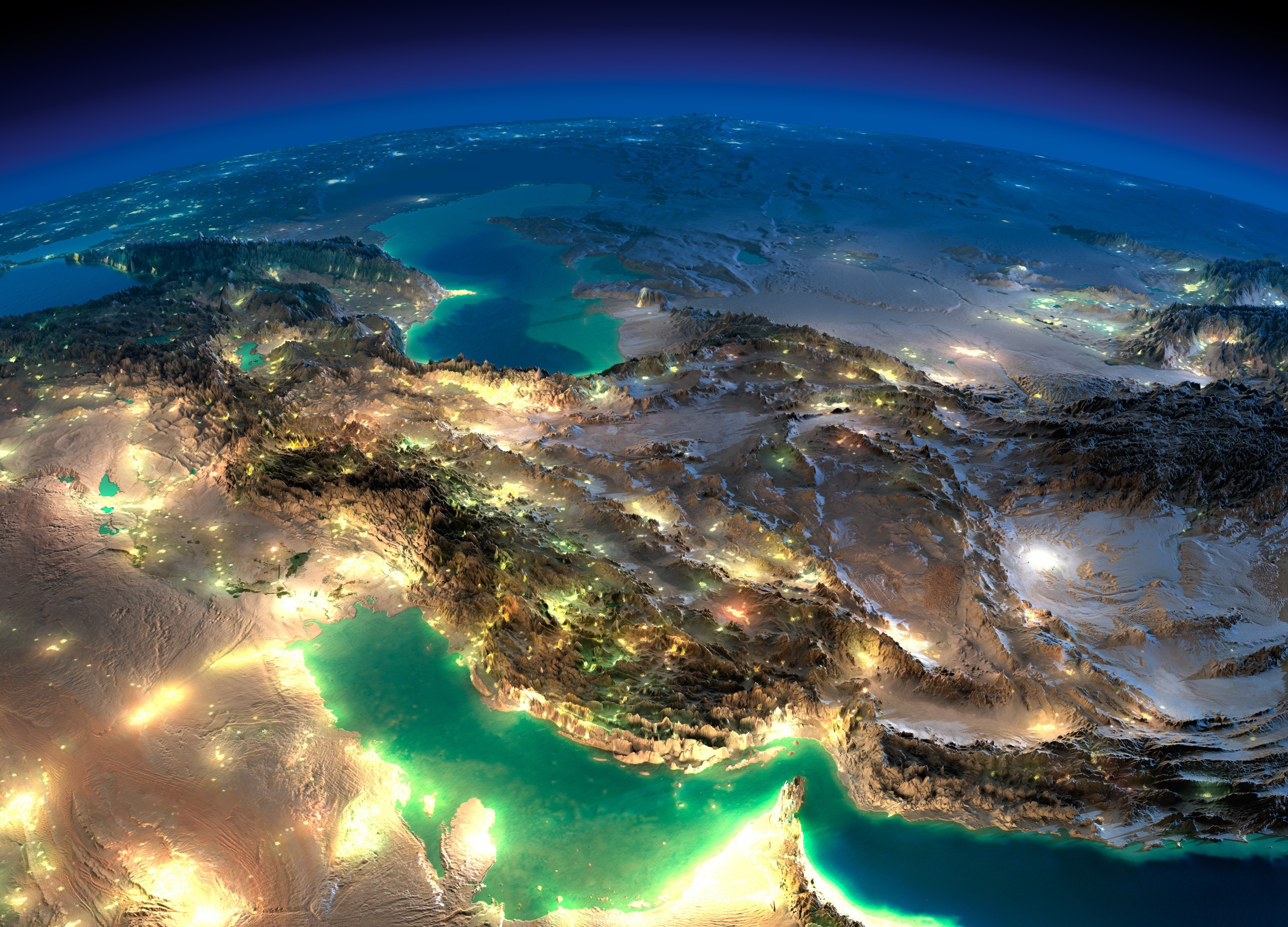 Earth at night showing the Middle East and Caspian Sea HD Wallpaper