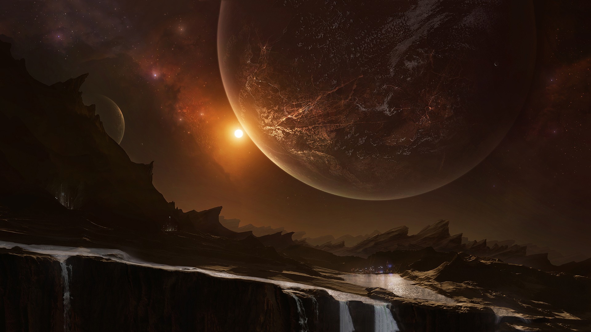 Alien planet with large planet and sun HD Wallpaper