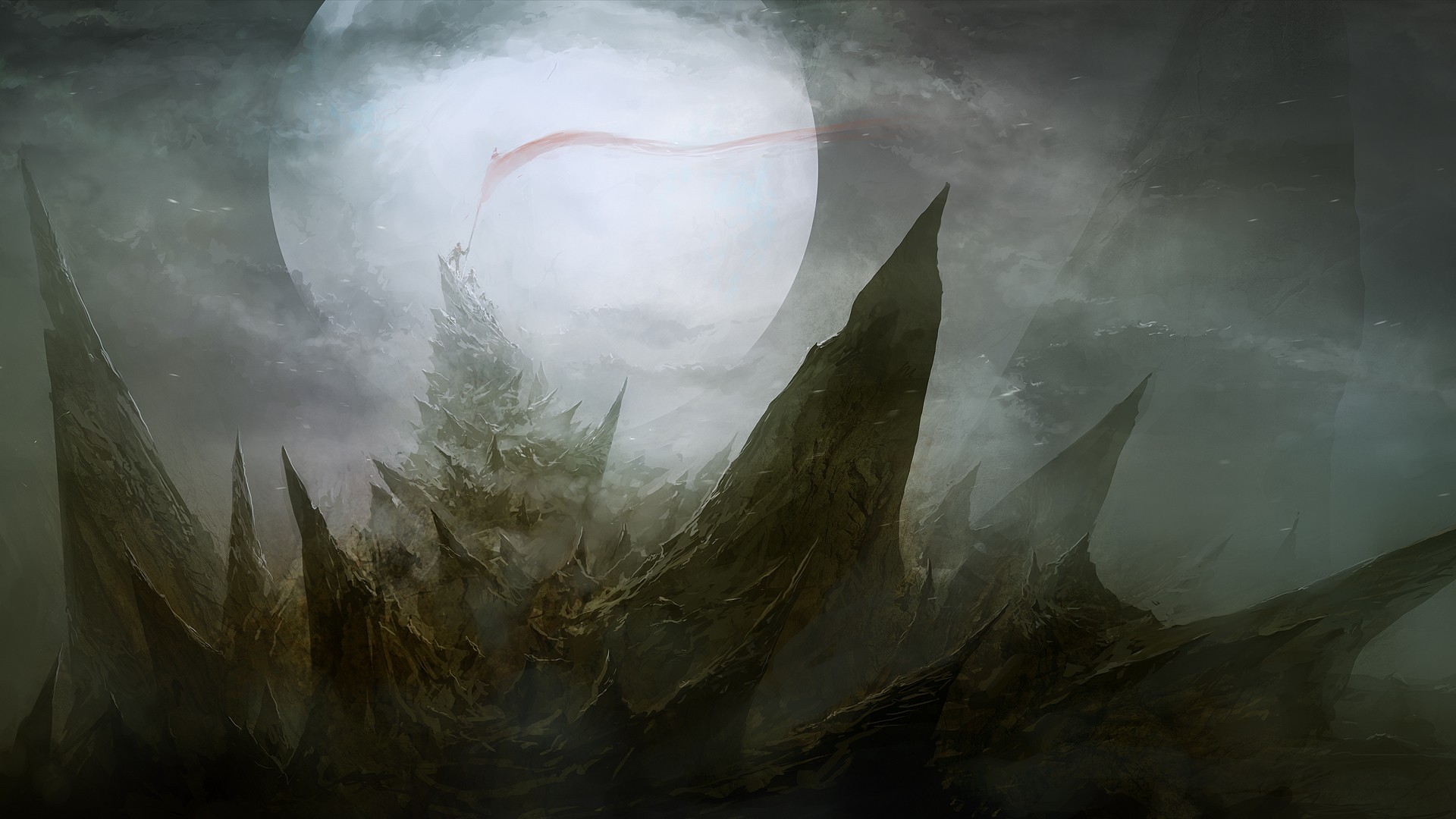Fantasy art of a desolate landscape with a large moon HD Wallpaper