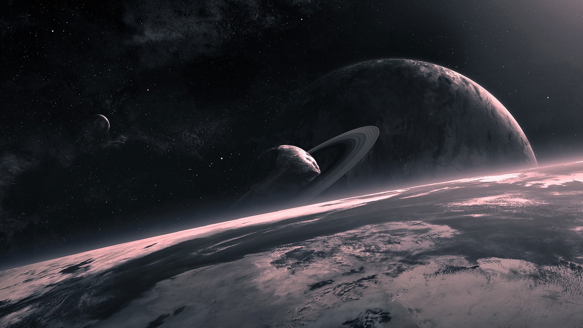 Space art with planets and rings HD Wallpaper