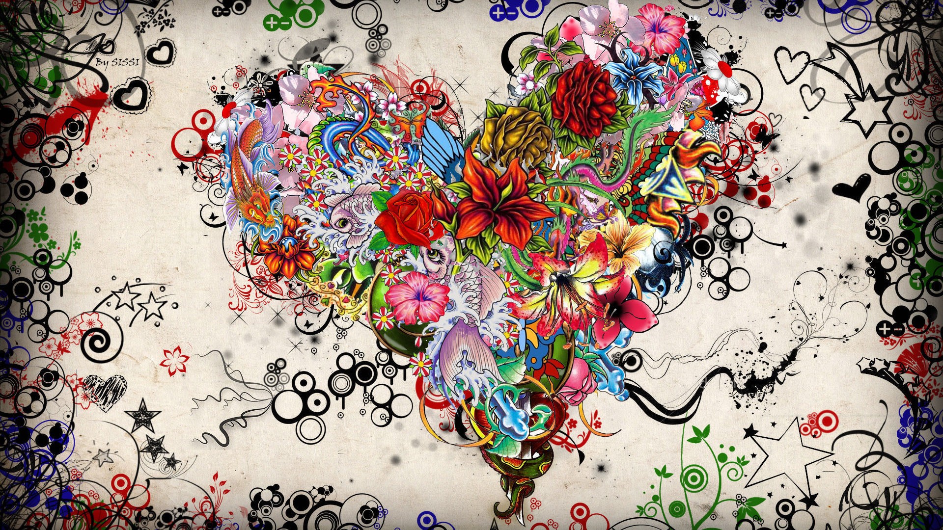 Heart shape made of colorful flowers and abstract designs HD Wallpaper
