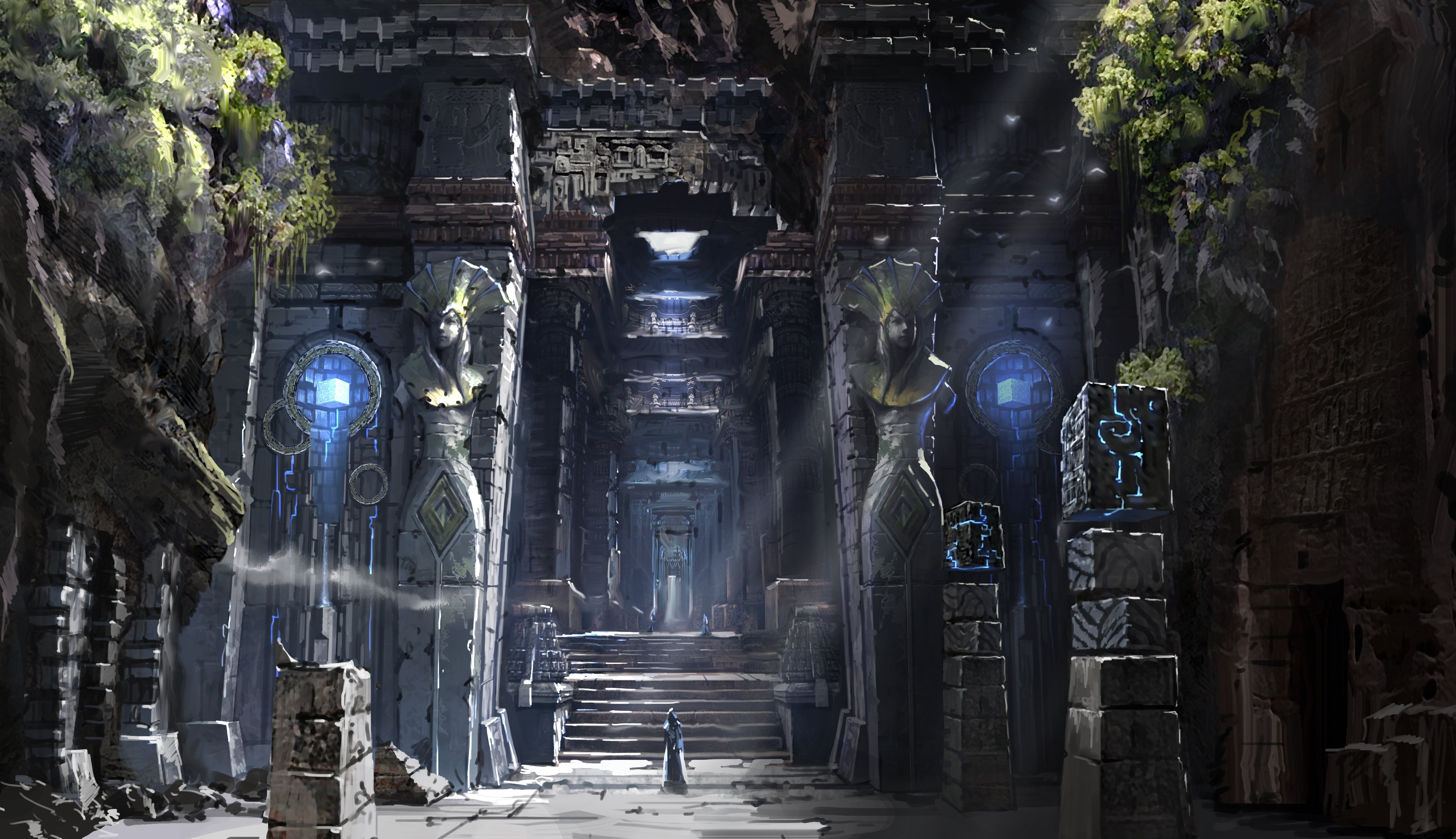 Fantasy art of an ancient temple interior with glowing artifacts HD Wallpaper