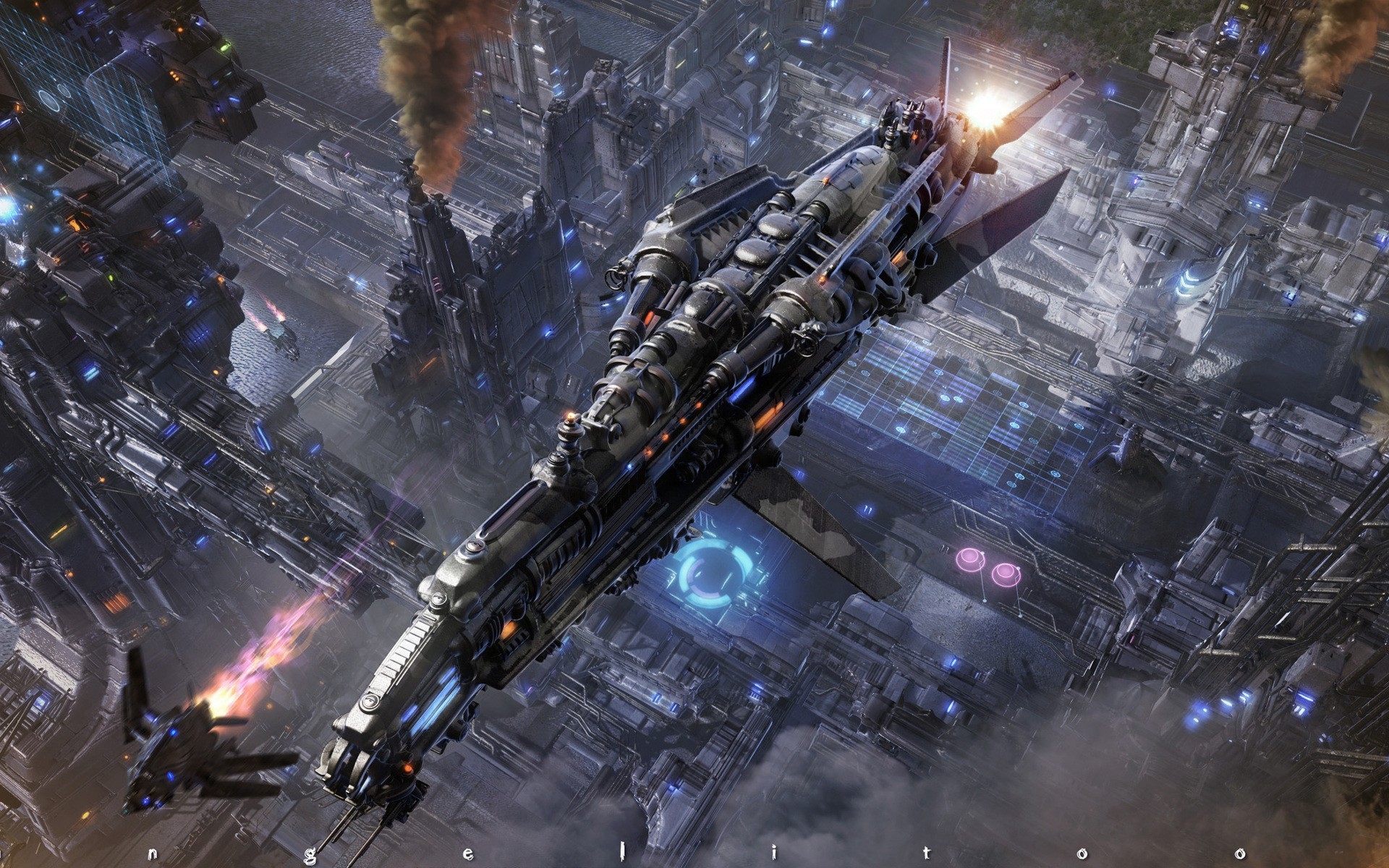 Futuristic spaceship battles in a sci-fi city HD Wallpaper