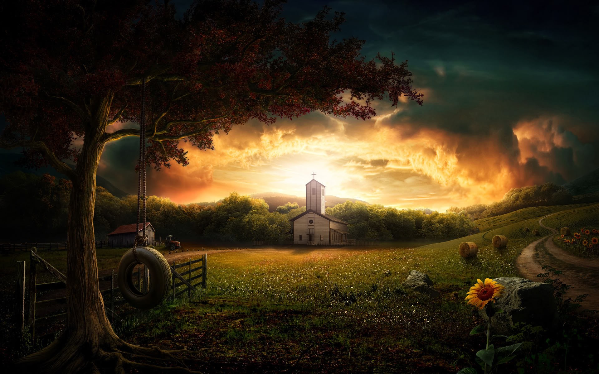 Fantasy landscape with church and tire swing at sunset HD Wallpaper