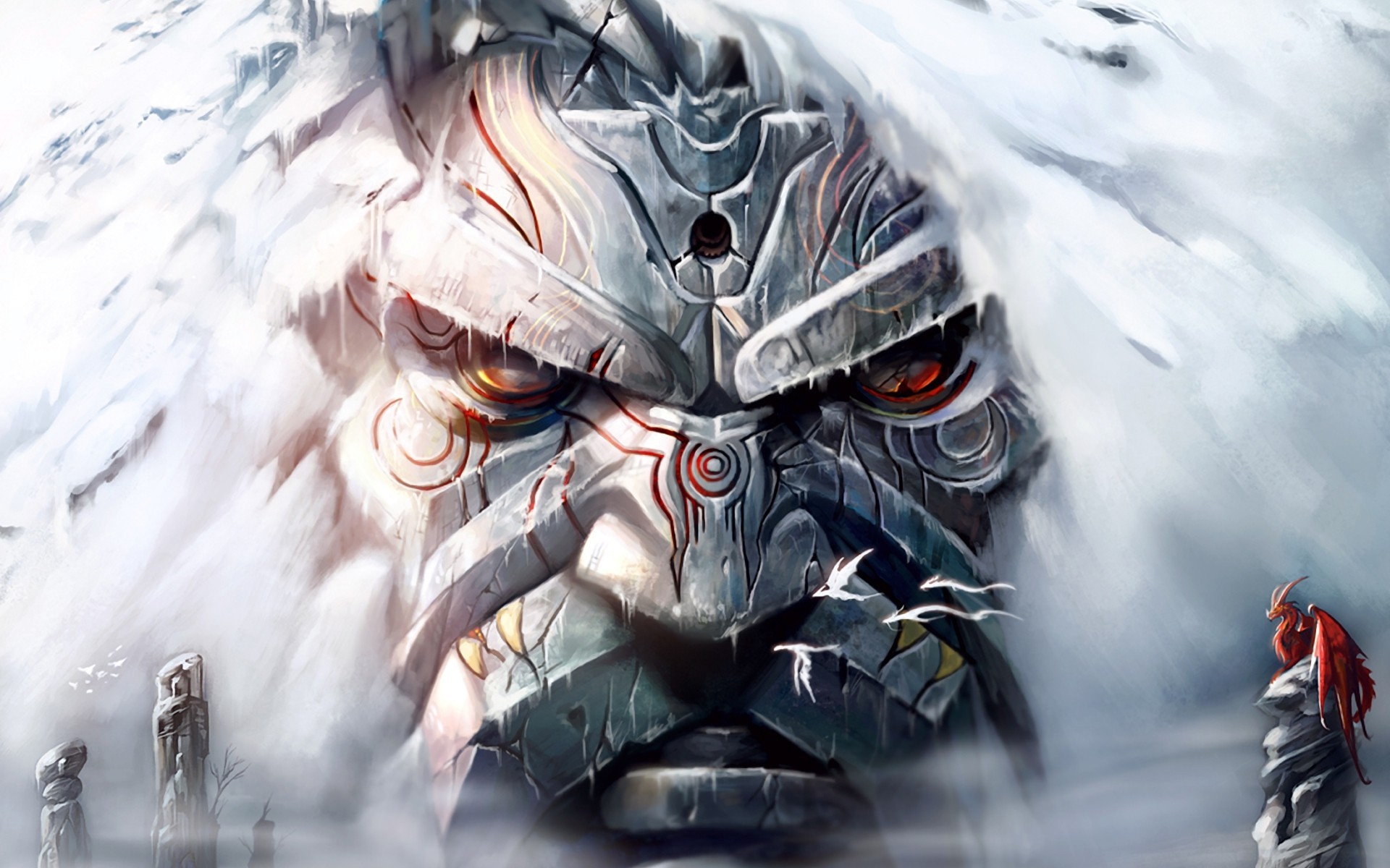 Giant stone face with red eyes and a small dragon HD Wallpaper