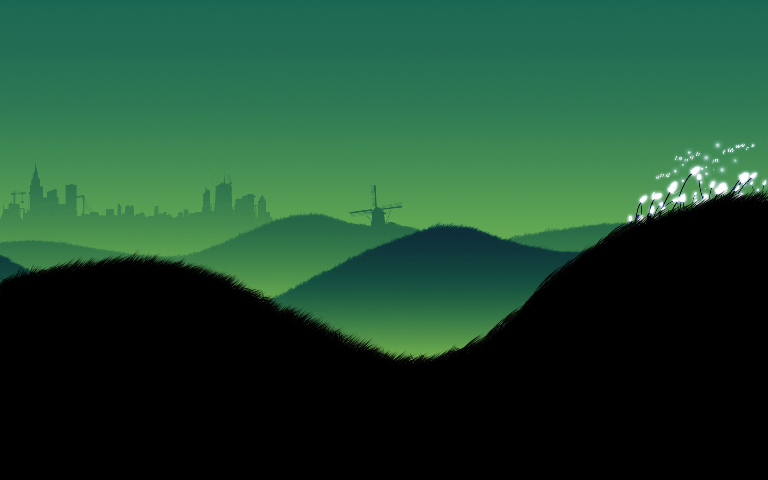 Green landscape with city skyline and windmill HD Wallpaper