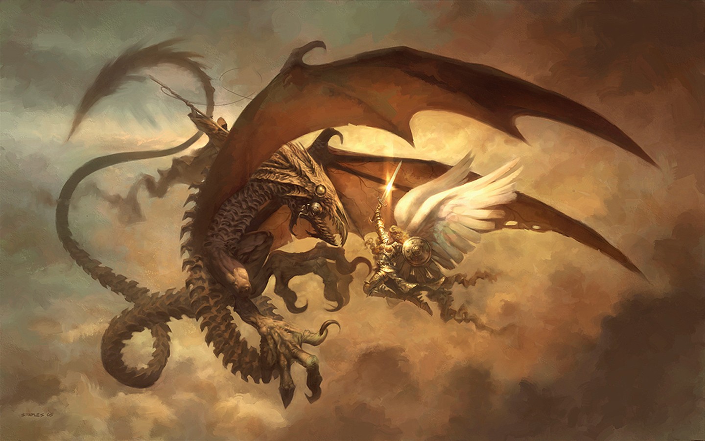 Dragon fighting an angel with a sword HD Wallpaper