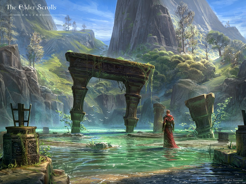 The Elder Scrolls Online ancient ruins in a misty landscape HD Wallpaper