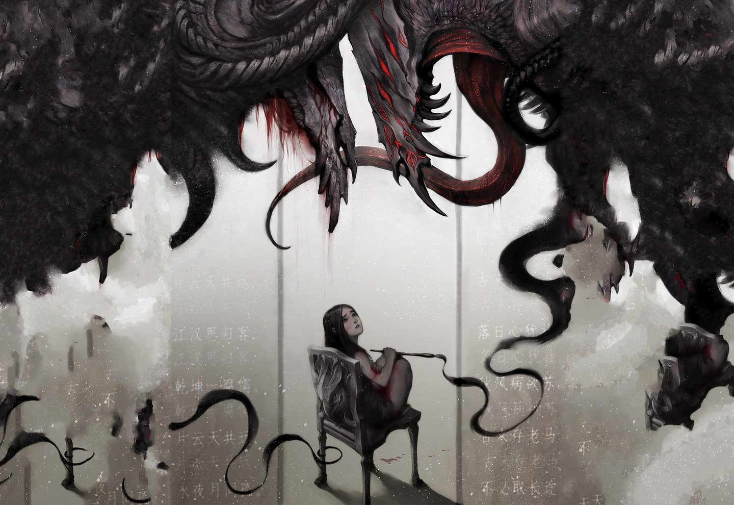 Girl and a dark creature in a surreal setting HD Wallpaper