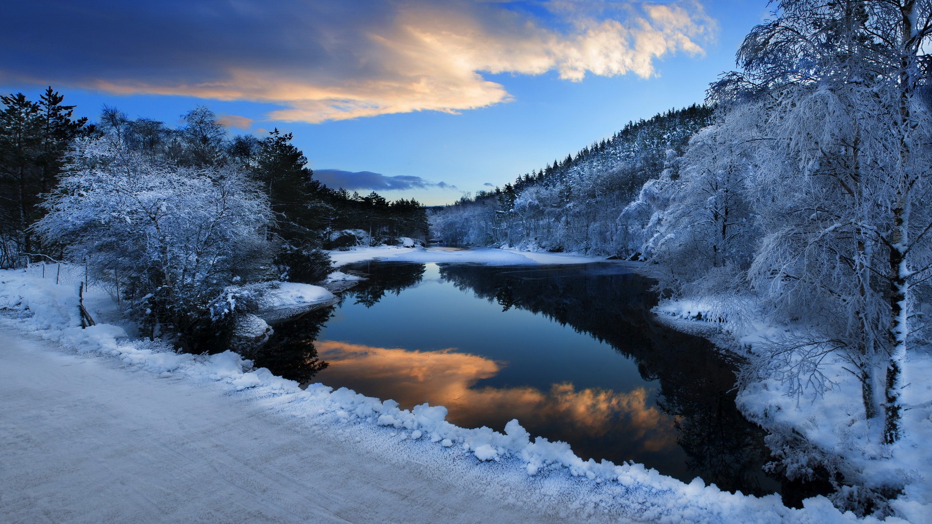 Snowy forest landscape with a calm lake reflecting the sky HD Wallpaper