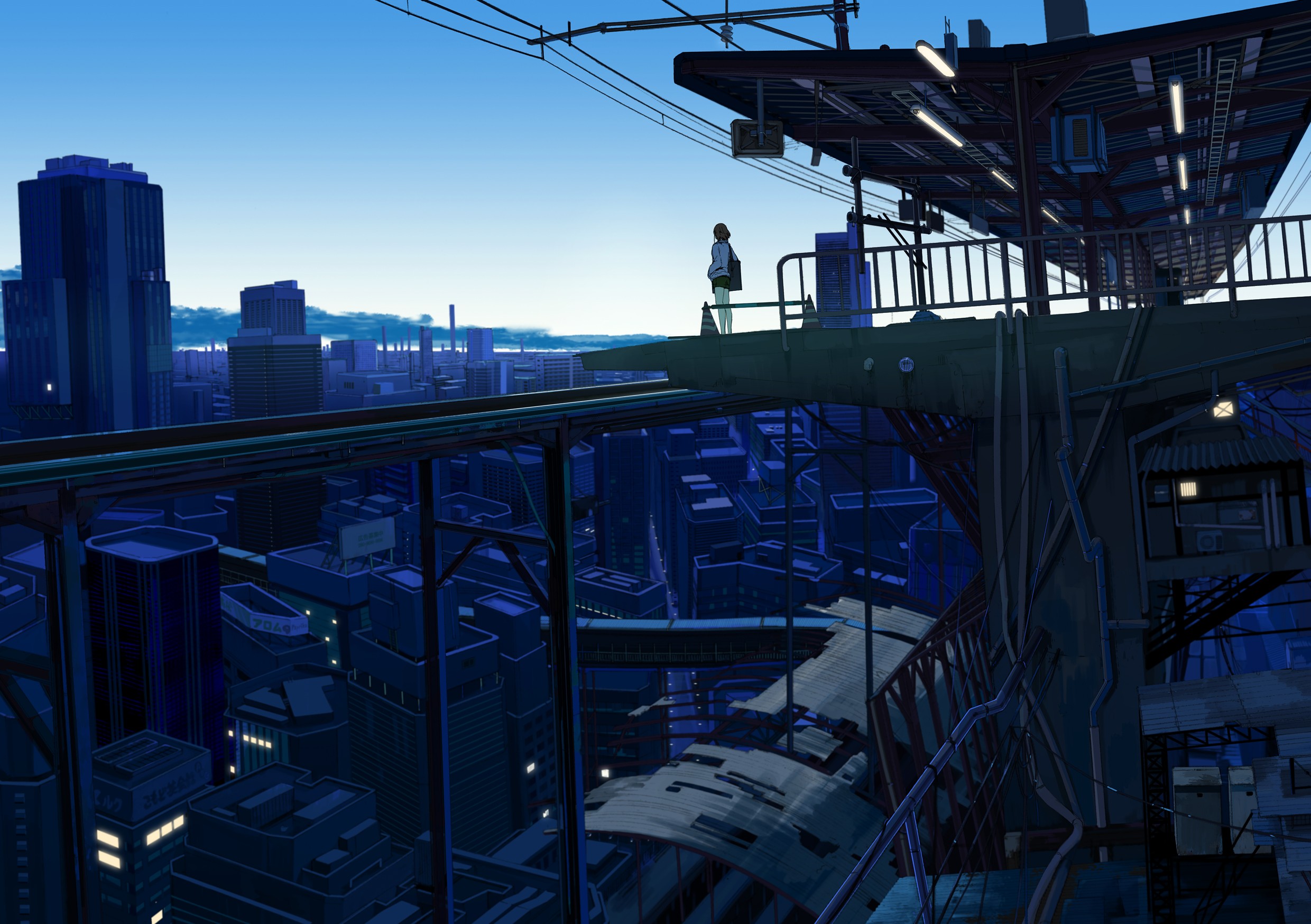 Anime girl and cat on a train station overlooking a city HD Wallpaper