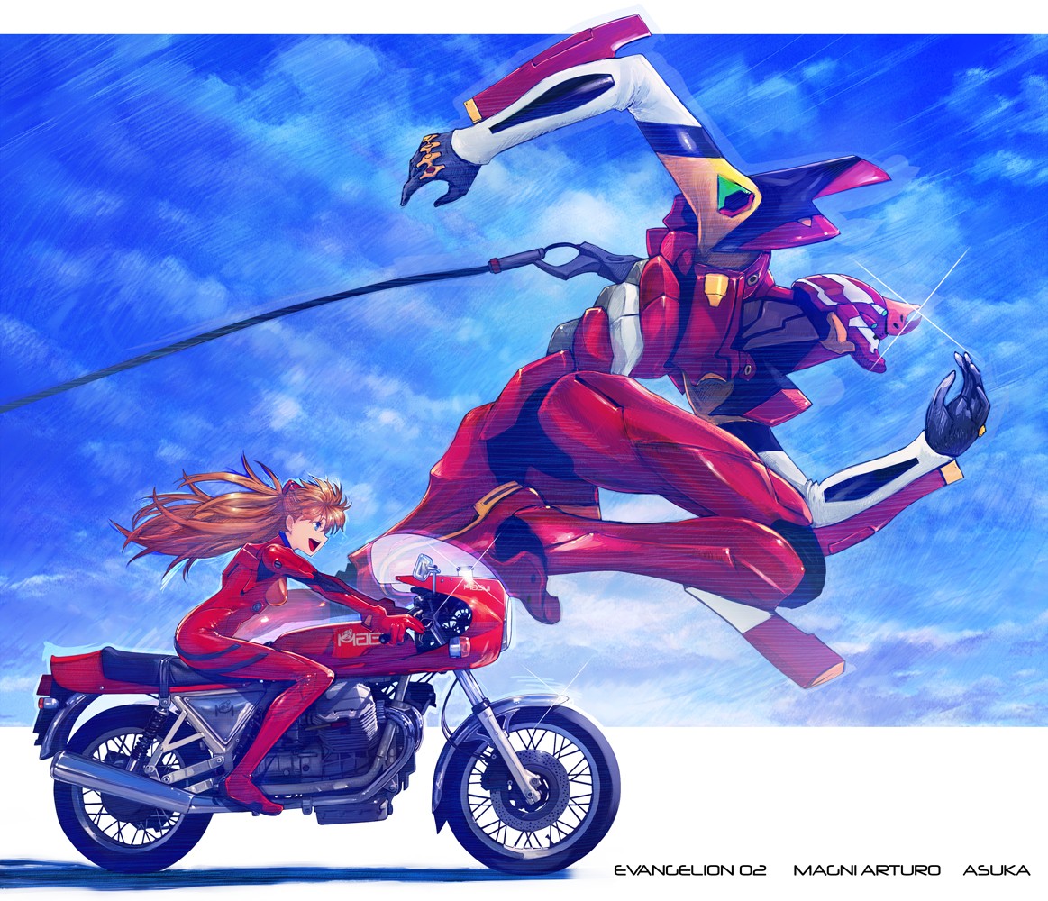 Asuka Langley Soryu and EVA Unit 02 on a motorcycle HD Wallpaper