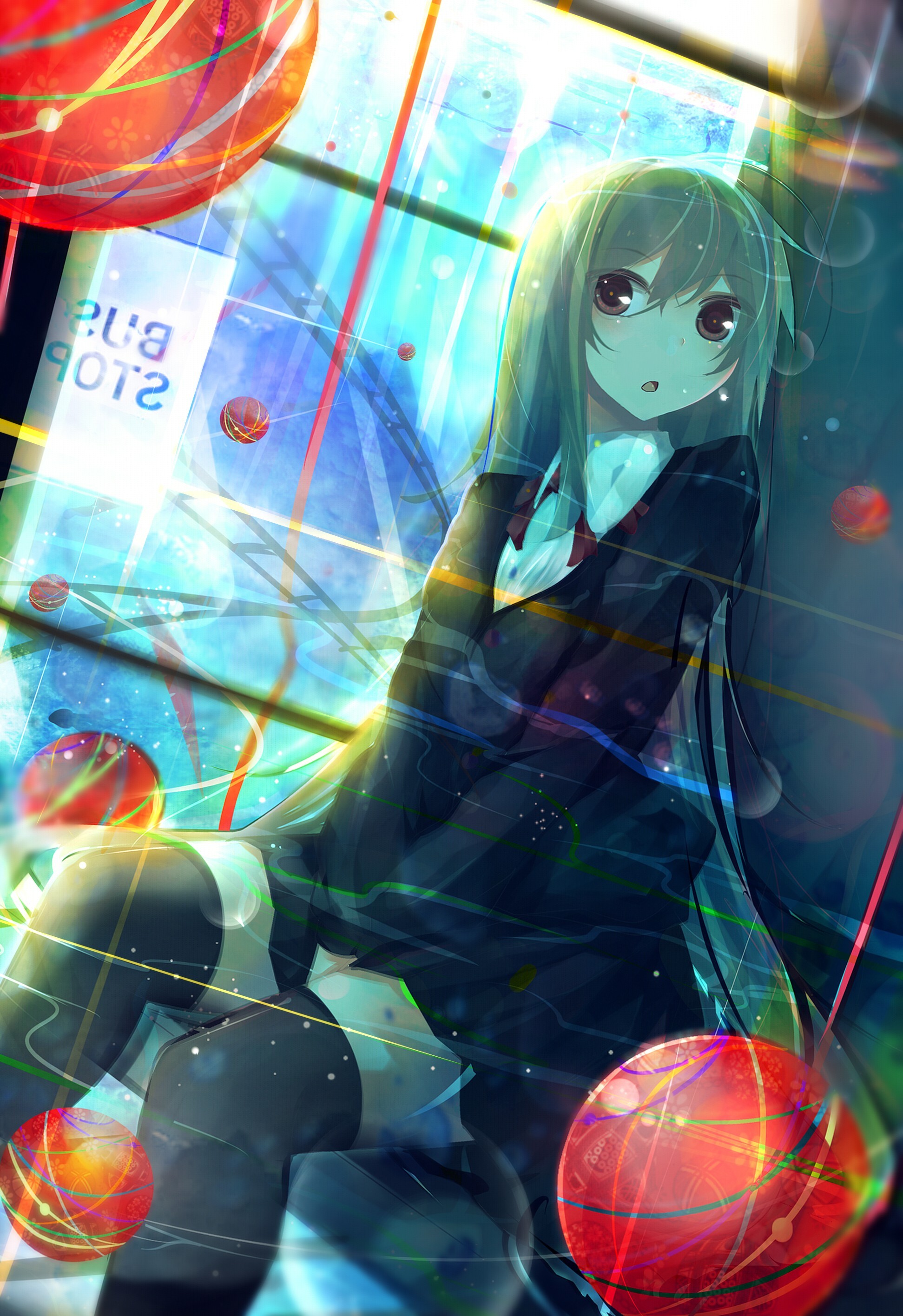 Anime girl with thigh-highs at a bus stop HD Wallpaper