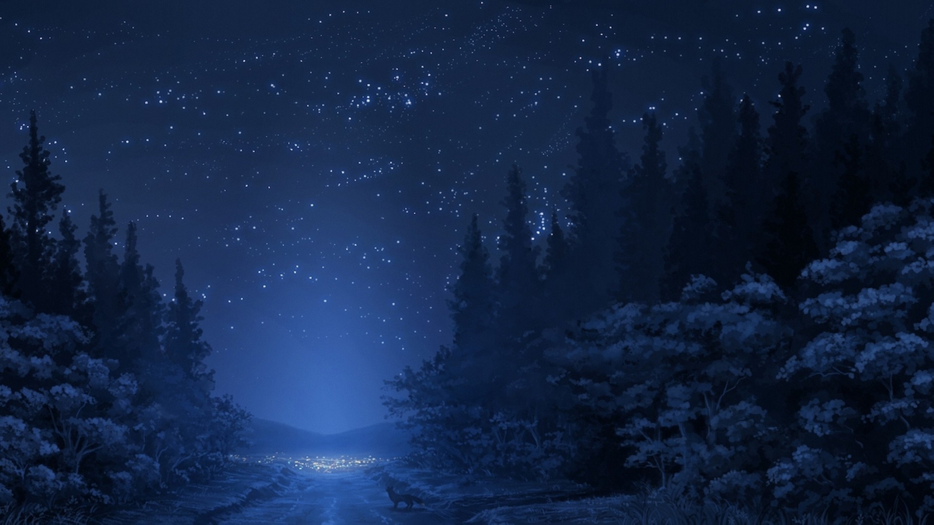 Anime night forest with stars and a fox HD Wallpaper