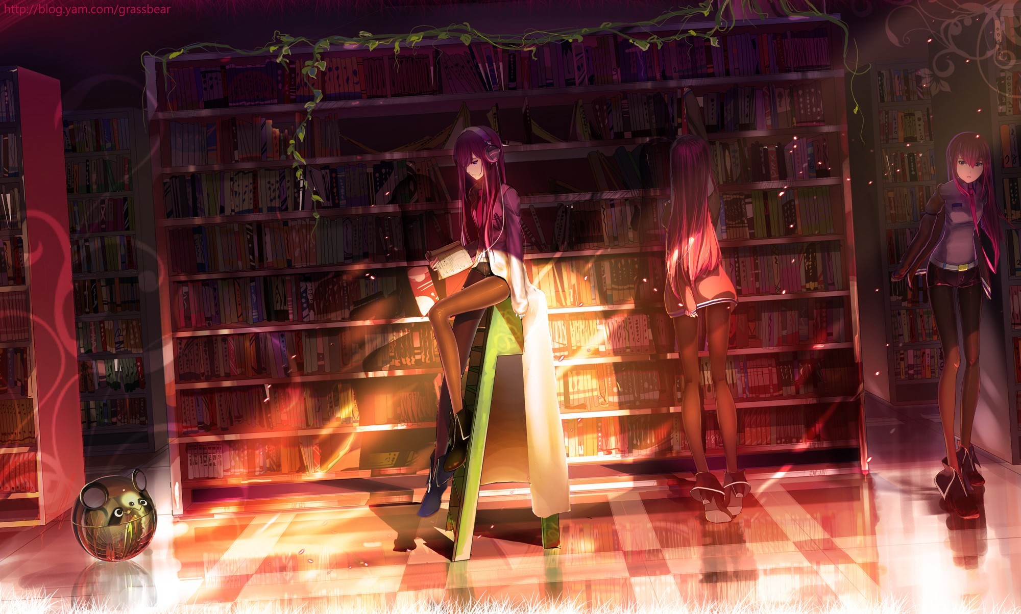 Makise Kurisu and friends in a library HD Wallpaper