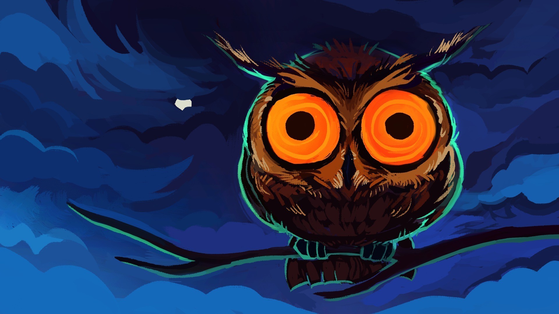 Artwork of an owl with large orange eyes on a branch at night HD Wallpaper