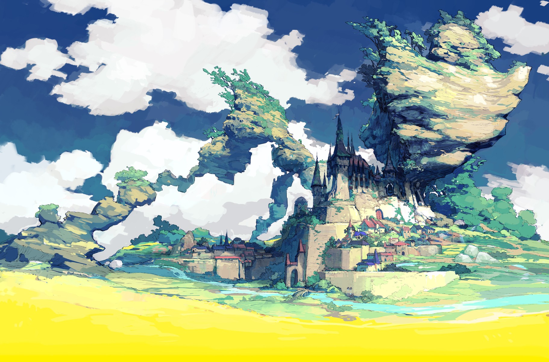 Fantasy city built on floating islands with a castle HD Wallpaper
