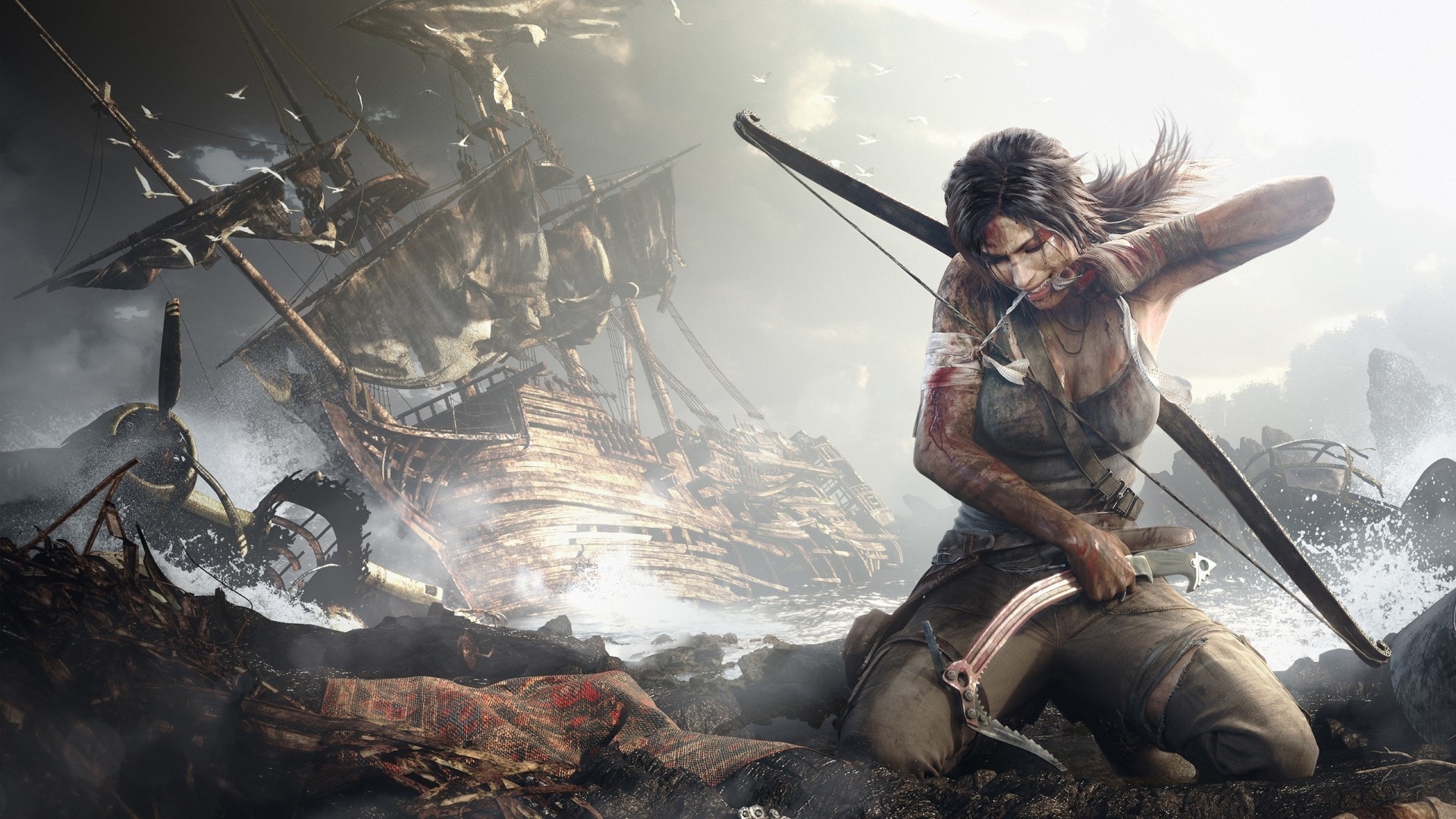 Lara Croft with bow near a shipwreck HD Wallpaper