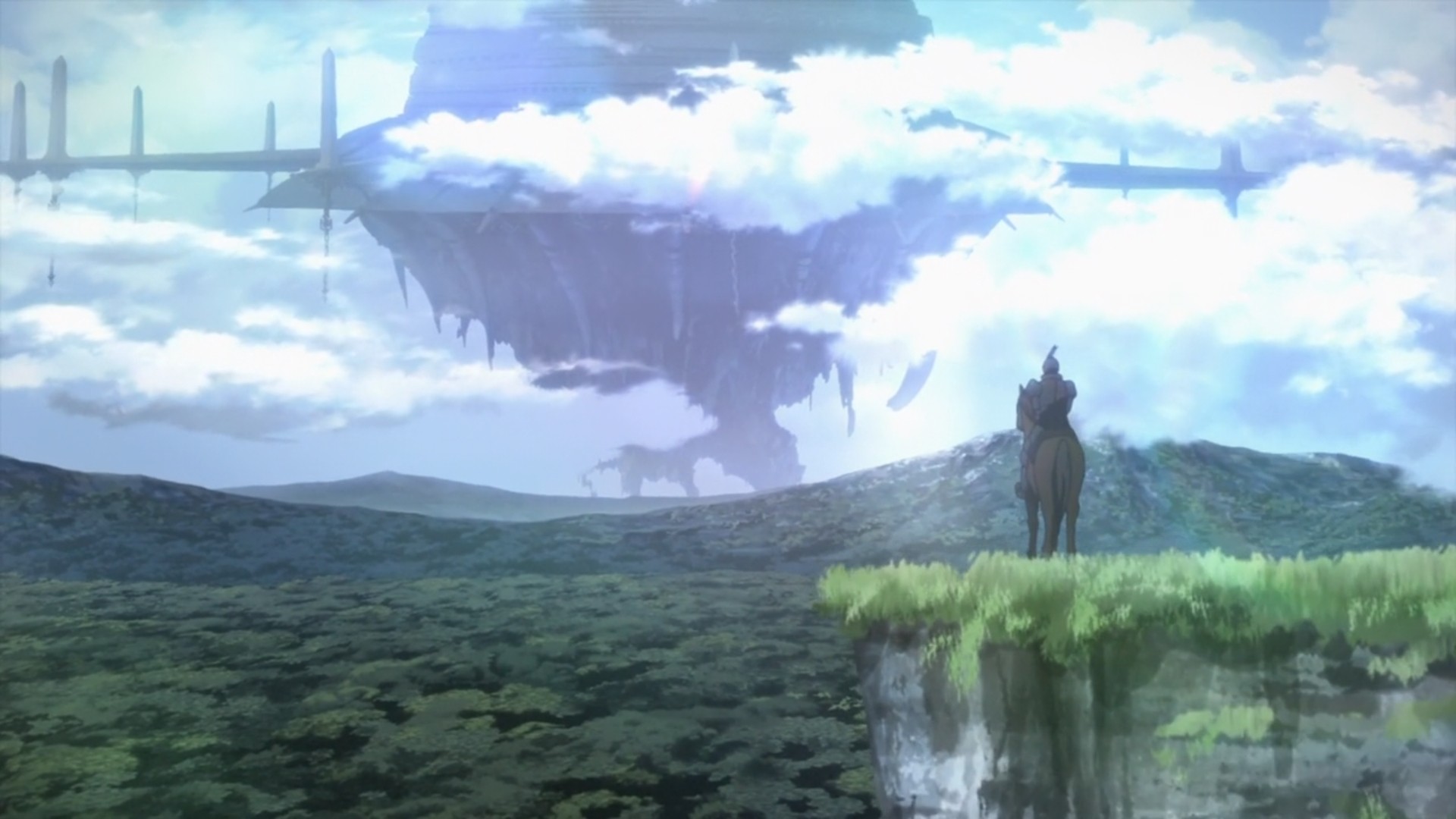 Sword Art Online: A knight on horseback gazes at a floating city. HD Wallpaper
