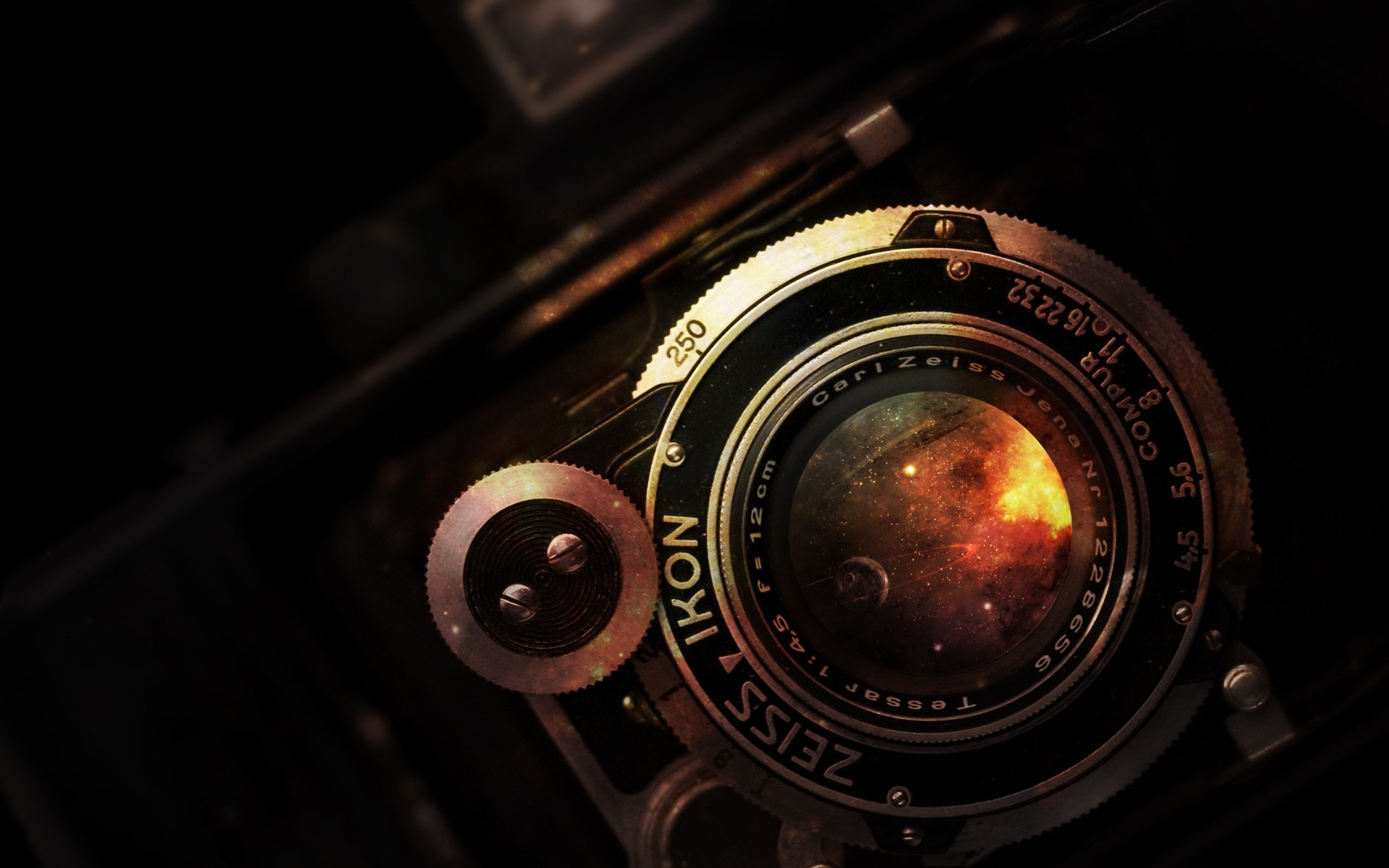 Zeiss Ikon camera lens with galaxy reflection HD Wallpaper