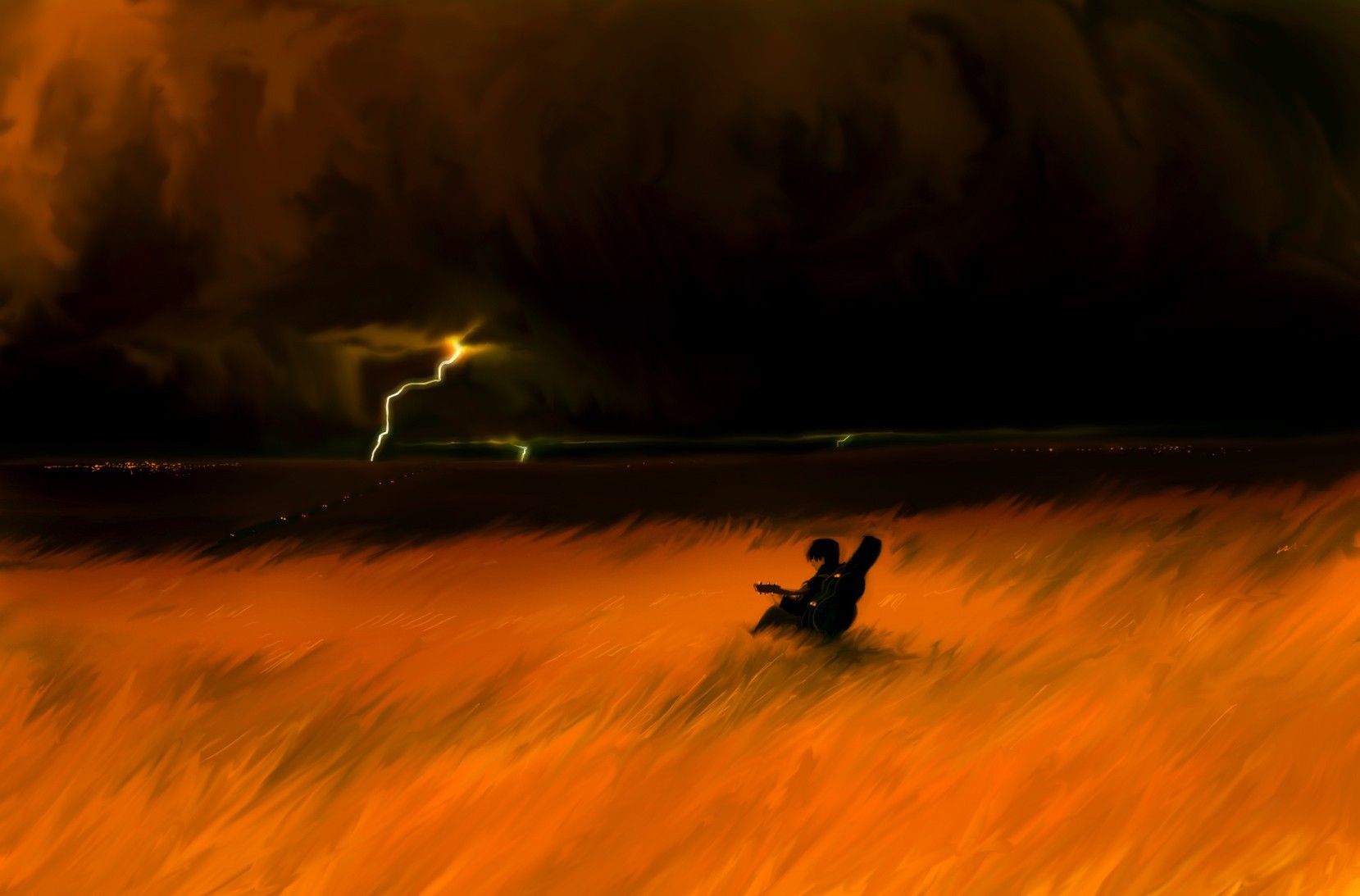 Musician with guitar in a field during a lightning storm HD Wallpaper