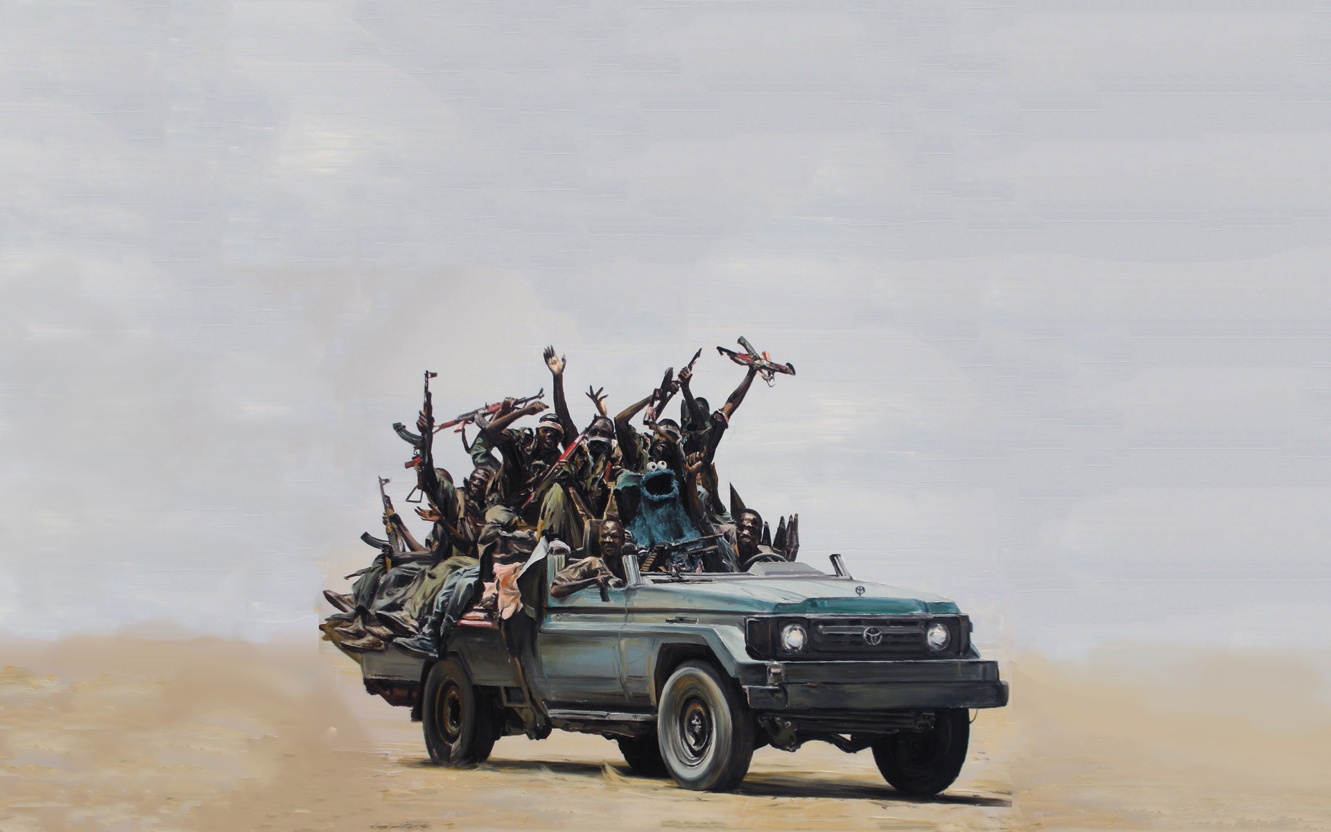 Toyota car with Cookie Monster and armed people HD Wallpaper
