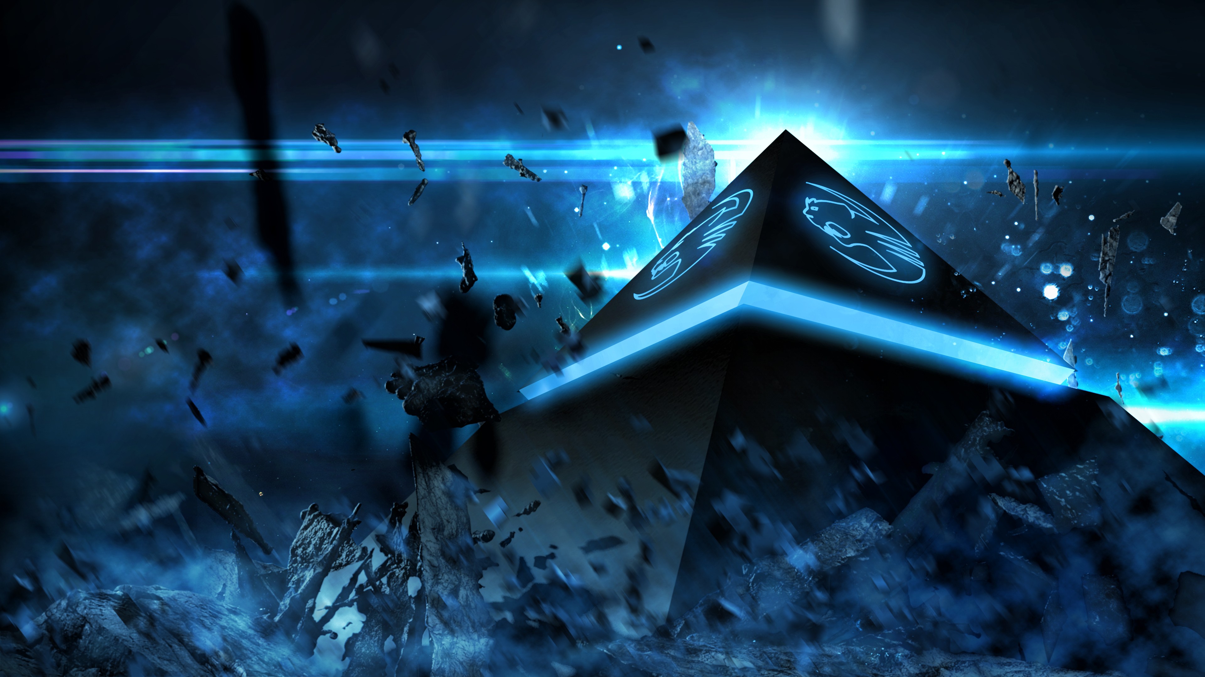 Roccat pyramid with glowing blue accents and debris HD Wallpaper